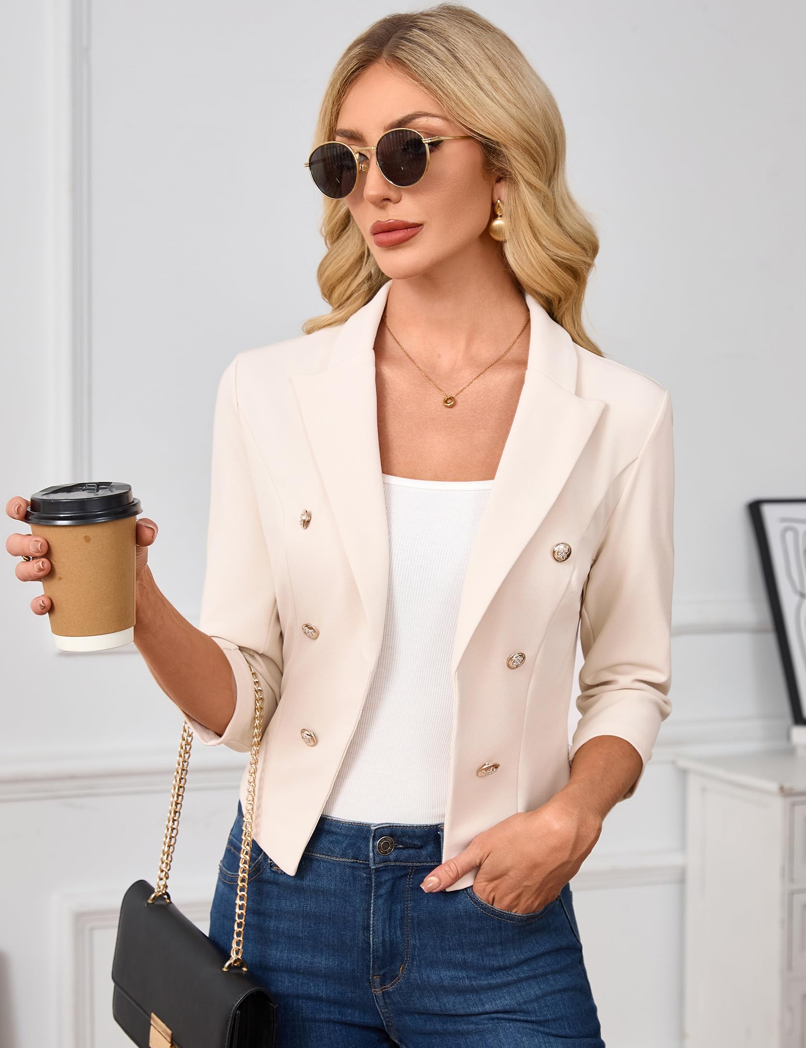 Damen Kurz Blazer 3/4 Ärmel Reverskragen Cardigan Business Bolero Open Front(Verpackung MEHRWEG)