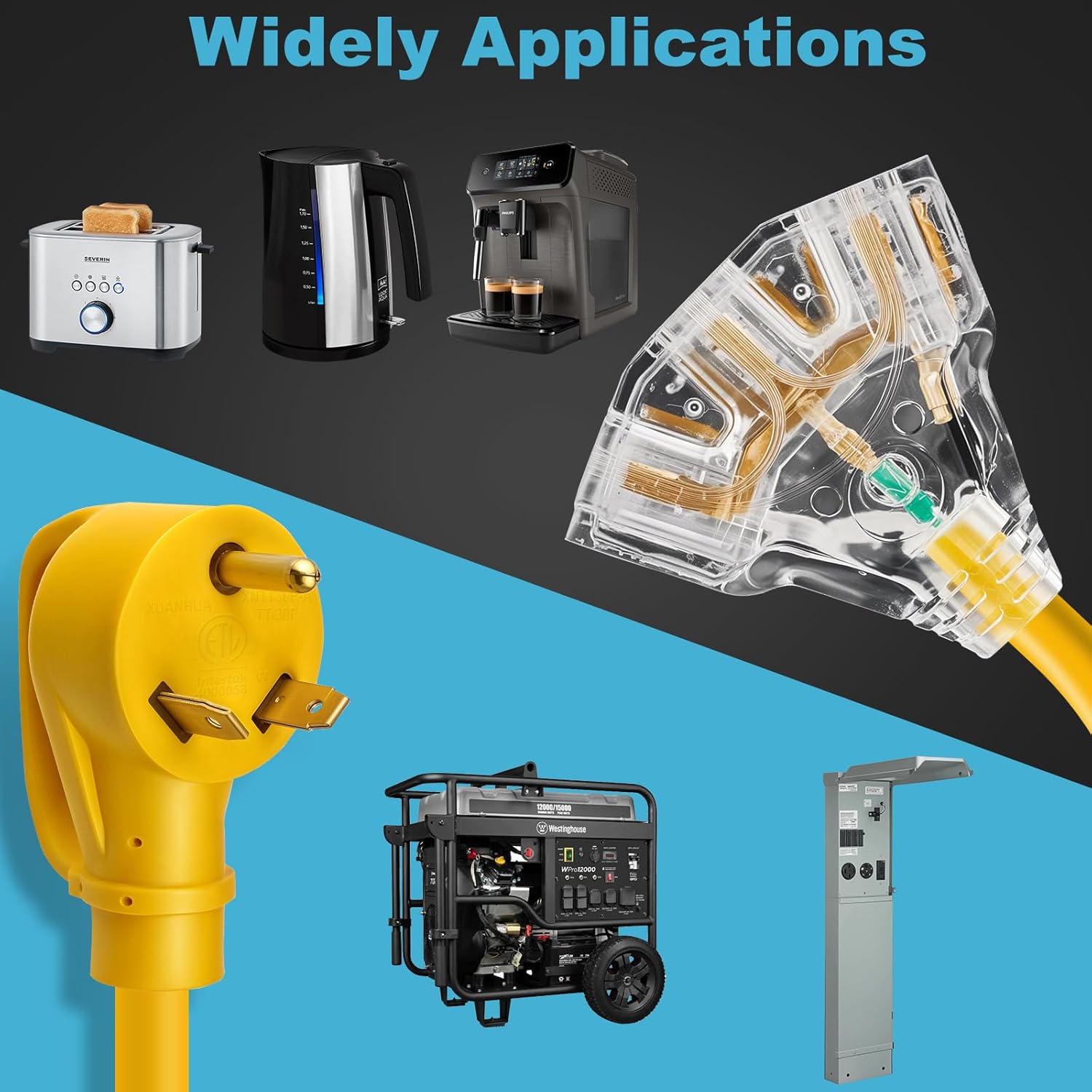 30 Amp to 110V 20 Amp RV Power Adapter Generator Distribution Extension Cord Cable NEMA TT-30P Male to 3x5-15R/20R Outlets Splitter with LED Indicator,3-Way 120V Electrical for RV Generators