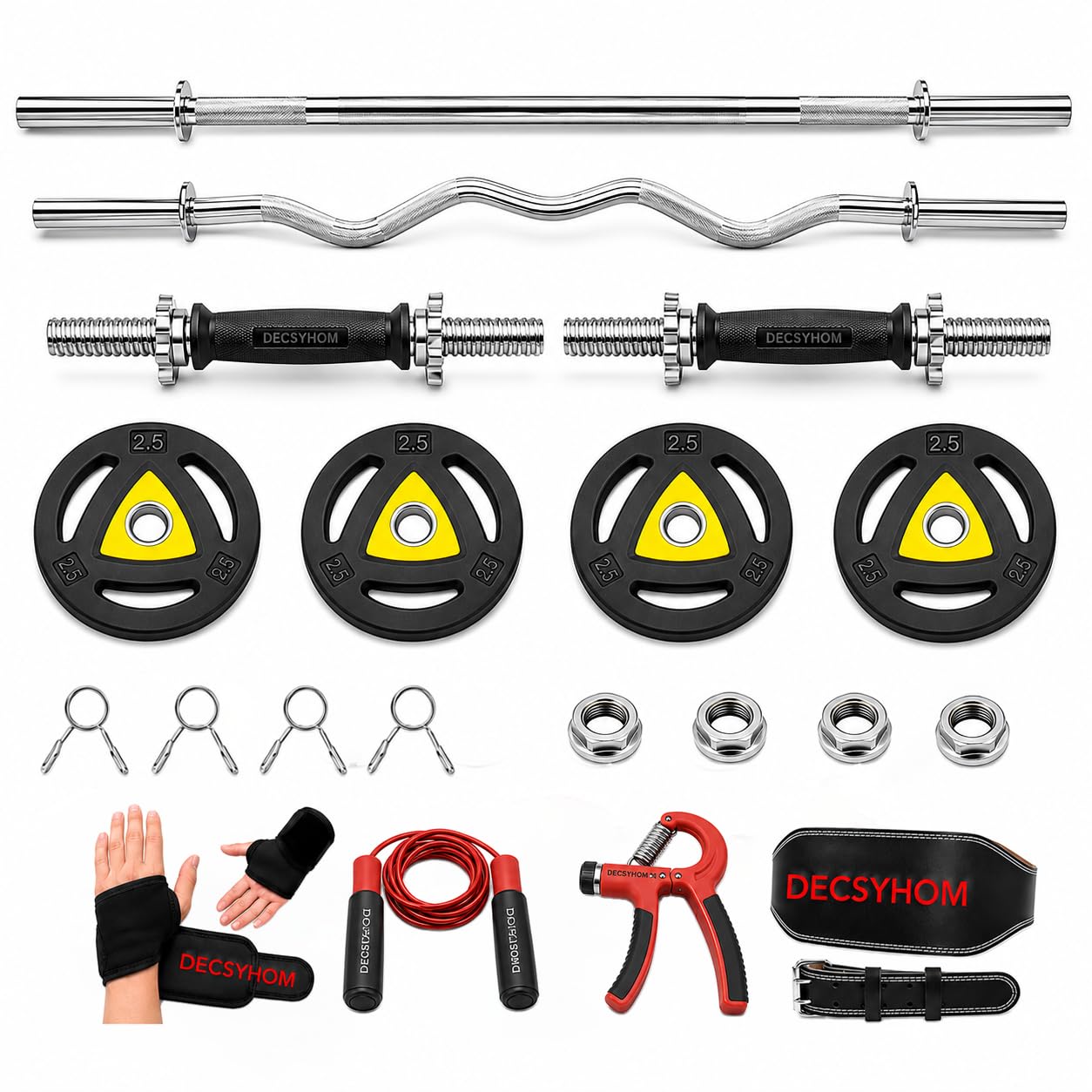 30KG Rubber Coated Home Gym Set with Straight Barbell 5ft(25mm), EZ Curl Bar 4ft (25mm), Dumbbell Rods 14 inches, Weight Plates, Weightlifting Belt, Wrist Support, Hand Gripper & Skipping Rope | Home Gym Equipment for Men & Women-image-31