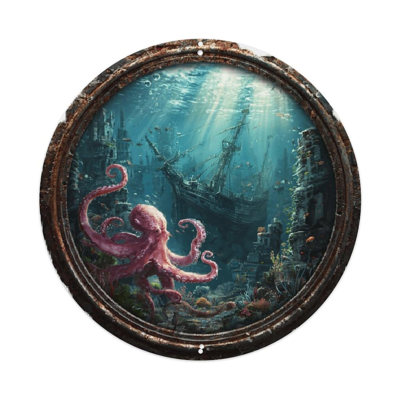 Underwater Shipwreck Octopus Ruins Sunlight Tin Sign Metal Poster Vintage Metal Signs for Home Man Cave Bar Cafe Kitchen laundry room Wall Decorations Gift 8x8Inch