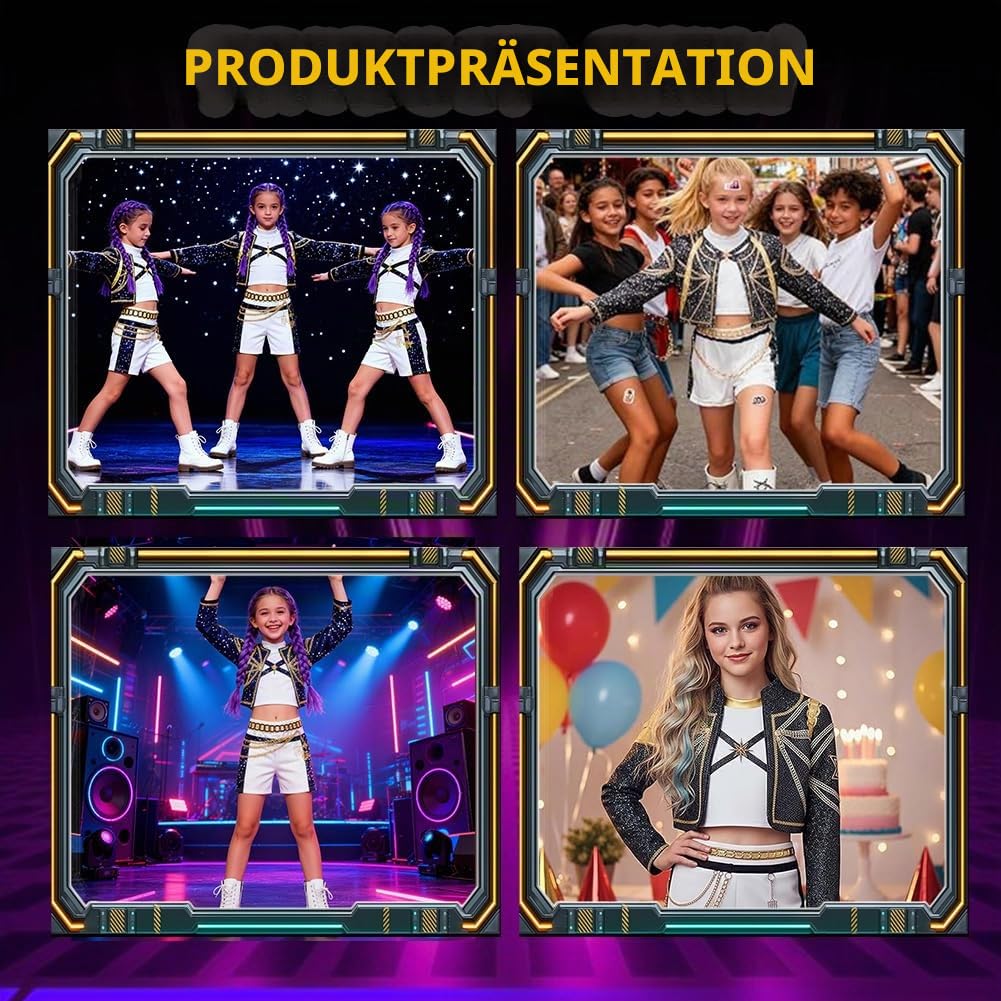 Demon Hunters Kostüm, Anime Cosplay Costume mit Weste, Jacke, Shorts/Röcken, Koreanpop Kostüm Mädchen, Demon Popstar Kinderkostüme für Geburtstag Karneval Fasching Cosplay Party