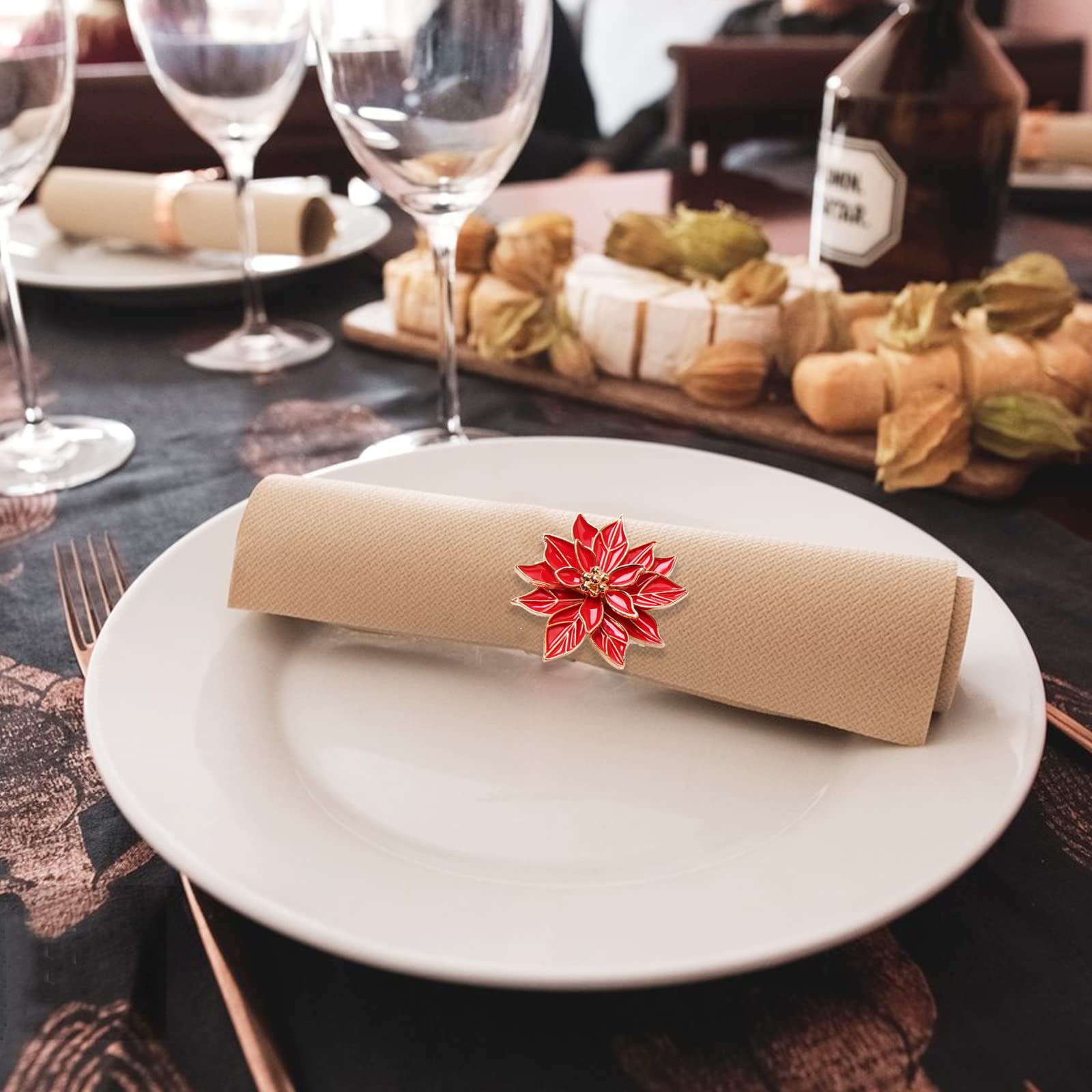 Ronds De Serviette De Noël En Métal - Lot De 10, Rouge Et Vert - Motif Baies - Pour Décoration De Table Des Fêtes