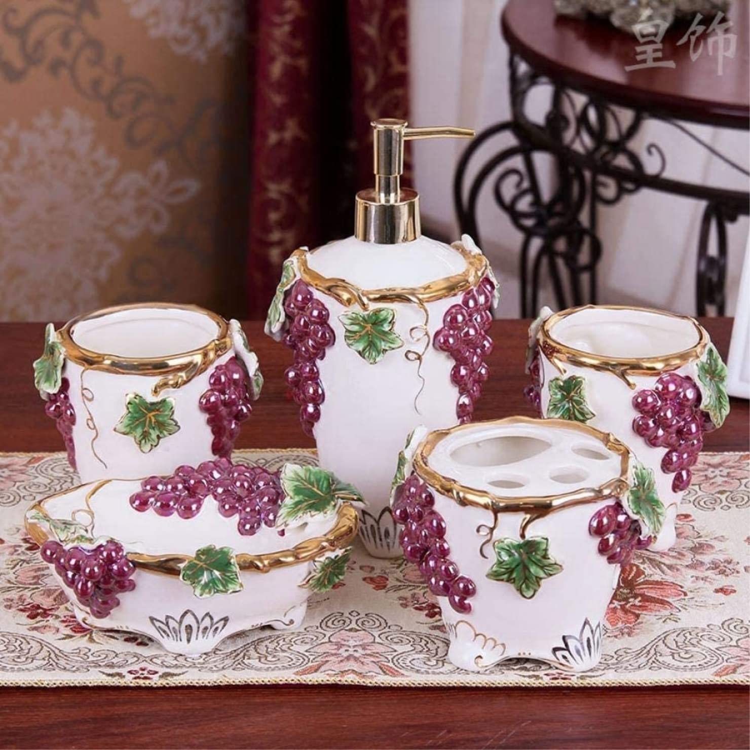 Accessori Bagno,Dispenser Set di Accessori per Il Bagno Bagno in Ceramica D'uva Set da Bagno in Cinque Pezzi Spazzolatura Pratica Tazza Regalo Europeo Portasaponetta
