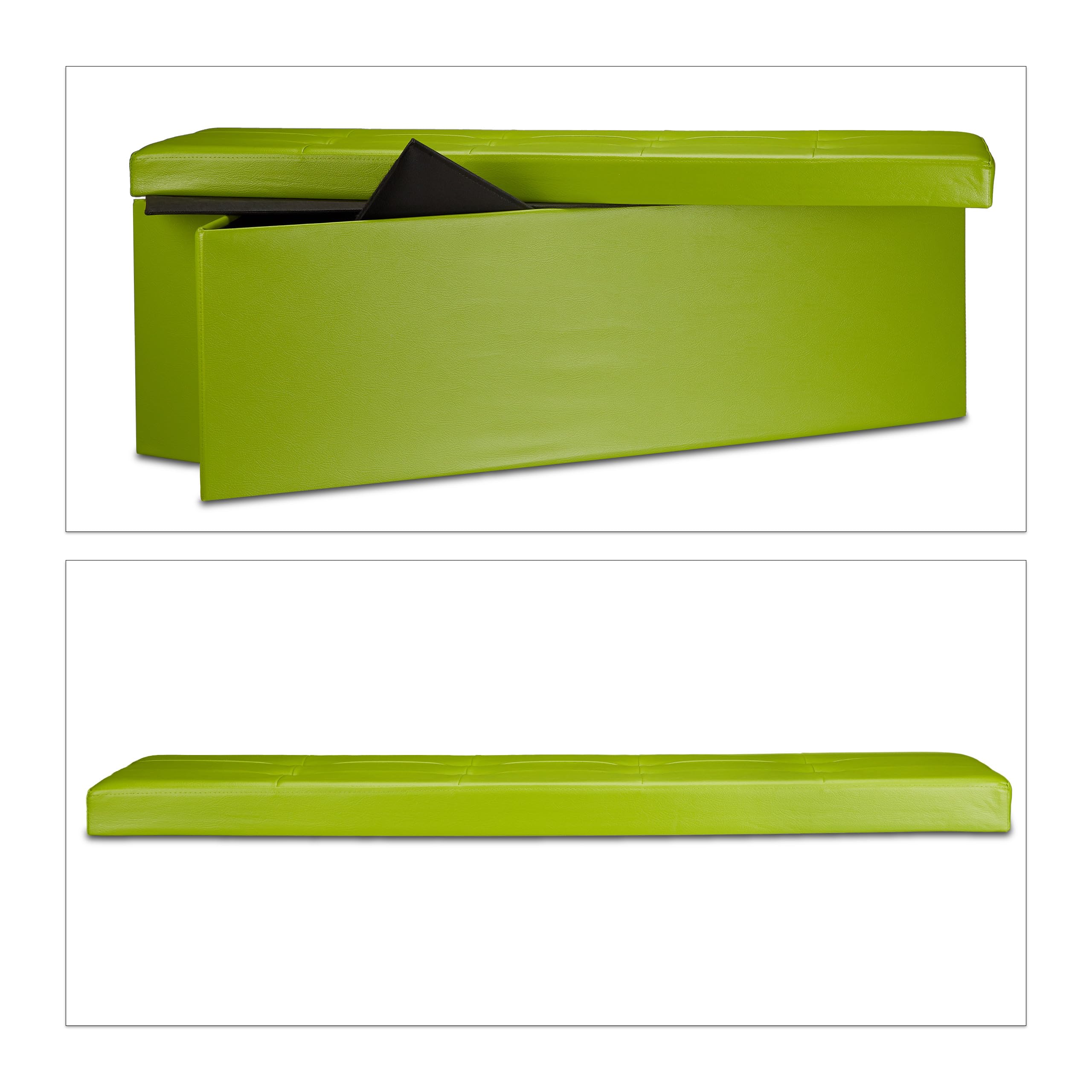 Relaxdays Banco plegable, Baúl de almacenaje XL, Asiento cómodo, Cuero sintético & MDF, 38 x 114 x 38 cm, Verde