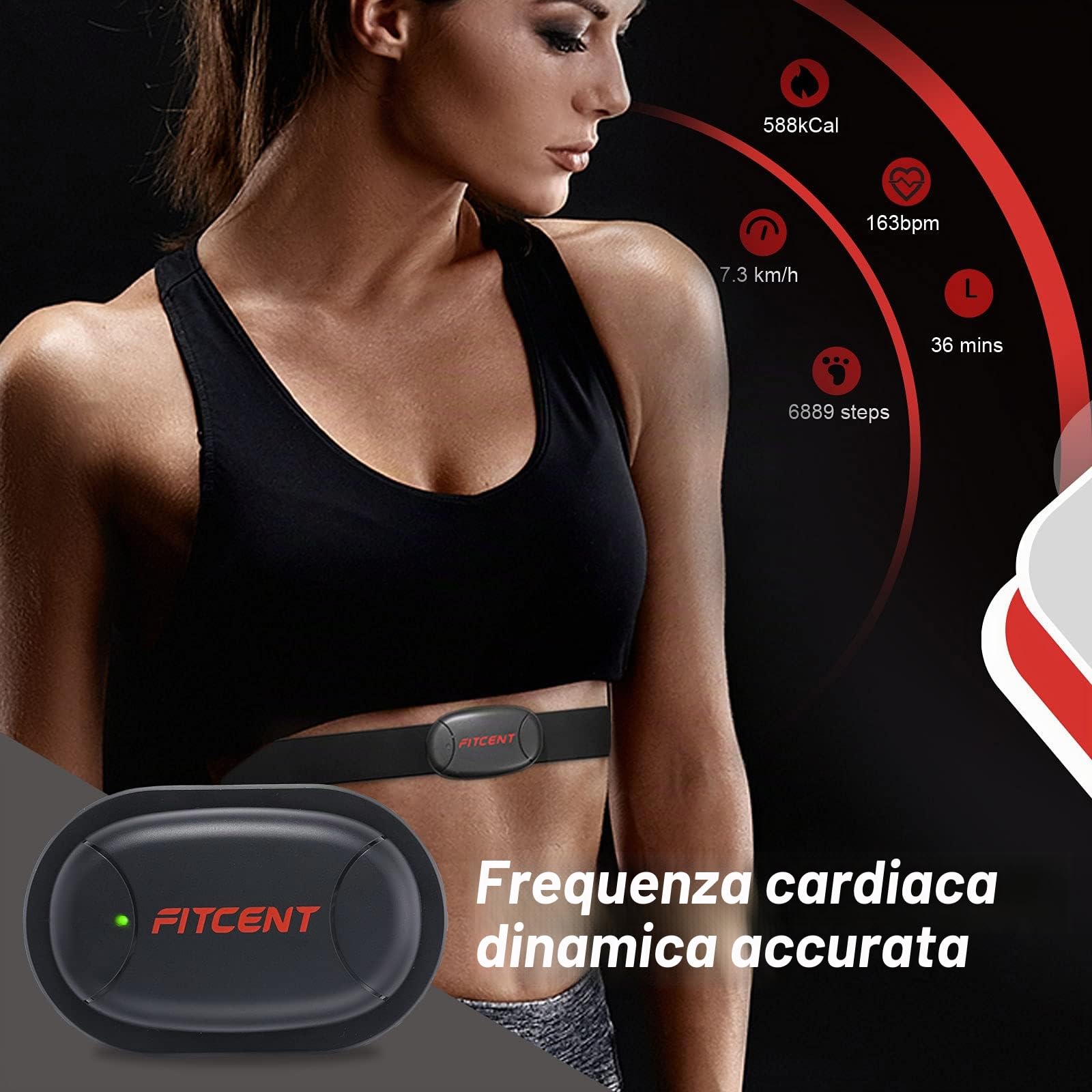 Fitcent Cardiofrequenzimetro Fascia Toracica con 5.3Khz Bluetooth Ant+, Sensore di Frequenza Cardiaca Cintura, Fitness Tracker Compatibili con Bryton Strava Garmin Polar Peloton (Nero1)