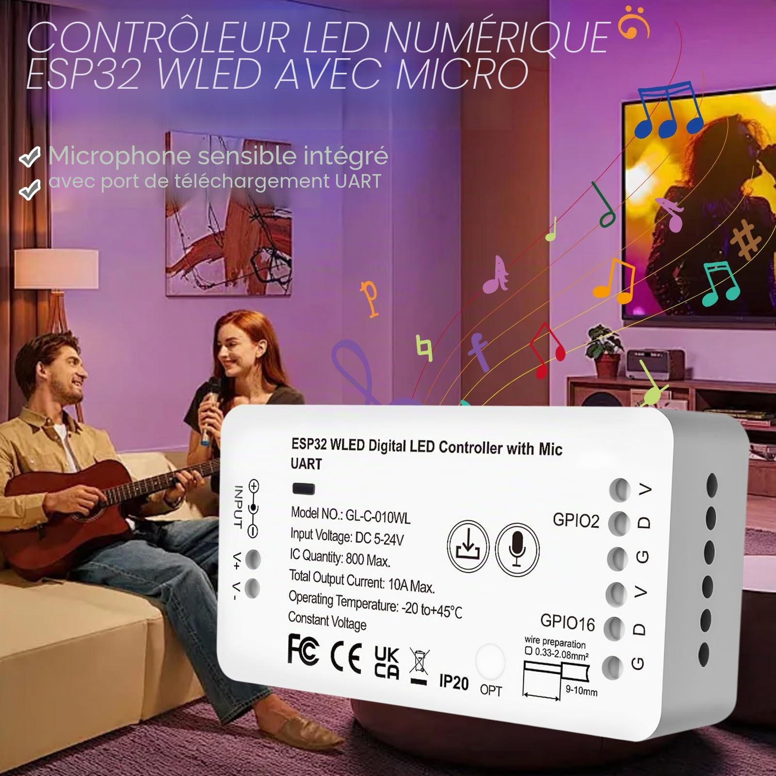 Contrôleur WLED ESP32 avec microphone - Contrôleur numérique LED pour bandes LED RVB / RGBW addressables (WS2812B, WS2811, SK6812) - 5-24 V CC - Contrôle de la lumière DIY avec 100 effets