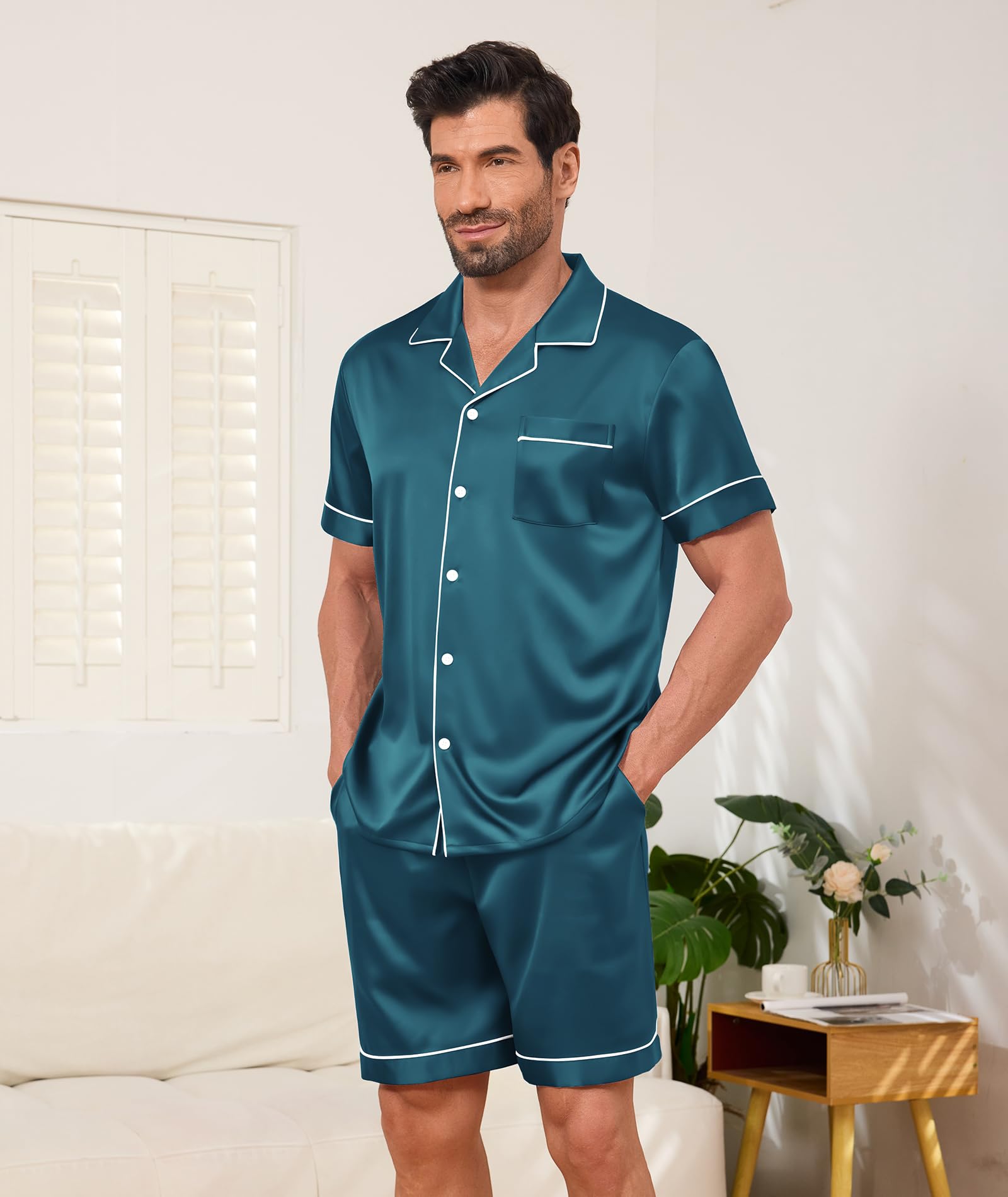 Elainone Conjunto de pijama de seda de satén para hombre, manga corta, dos piezas, ropa de salón con botones y bolsillos