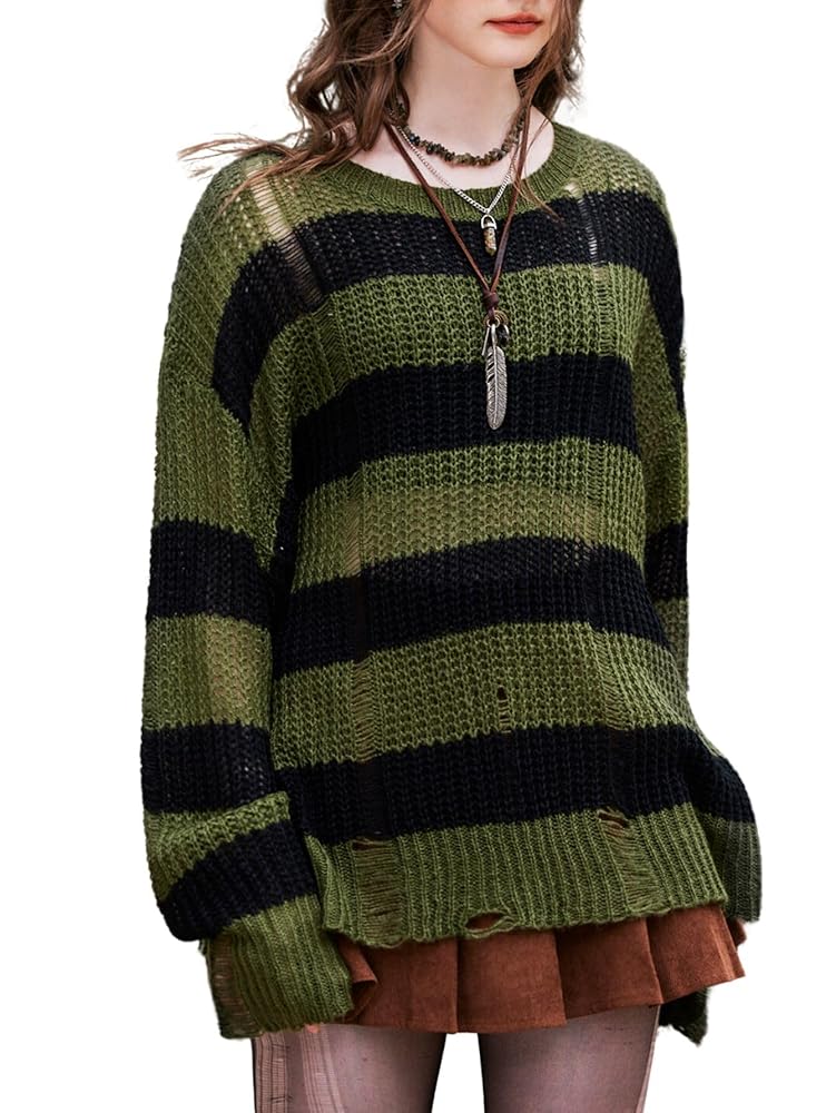 トップス RESISTED YARNDYED WOOLGABARDINE PULLOVER Verdusa Women's Oversized Striped Y2K Knit Sweater