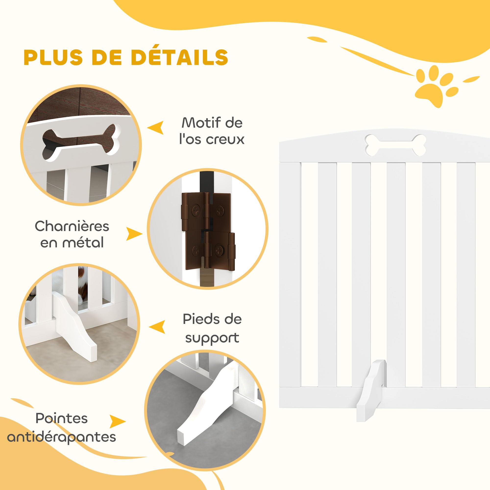 PawHut Barrière de sécurité Chien, barrière Pliable pour Chien, avec Pieds de Support, Pointes antidérapantes, 3 Panneaux, 155 x 30 x 61 cm, Blanc