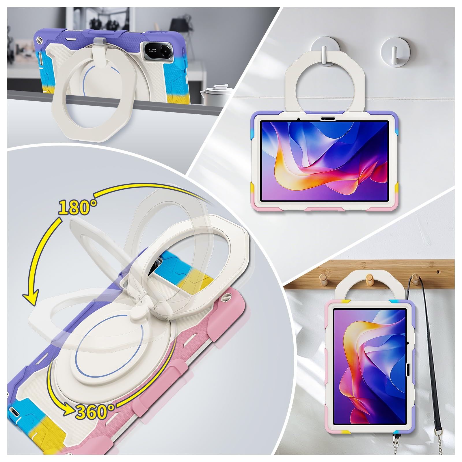 Wytrzymałe etui ochronne do Xiaomi Redmi Pad 2 11 cali 2025, podstawka obrotowa 360°, pasek na ramię, uchwyt ołówek i pierścień uchwytu, odporna wstrząsy osłona dla dzieci dorosłych(Pink Purple)