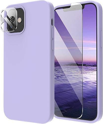 Cordking 5 en 1 - Funda de silicona a prueba de golpes con forro de microfibra diseñada para iPhone 12  12 Pro, con 2 protectores de pantalla + 2