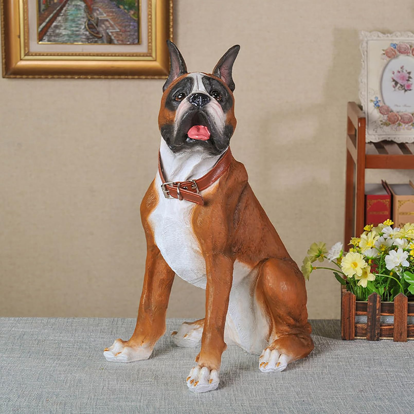 Gartenfiguren für draußen wetterfest Boxer Hund Statue Harz Gartenskulptur Heim Gartendeko für draußen wetterfest,Hoher Simulationsgrad,Geschenke für Gartenliebhaber