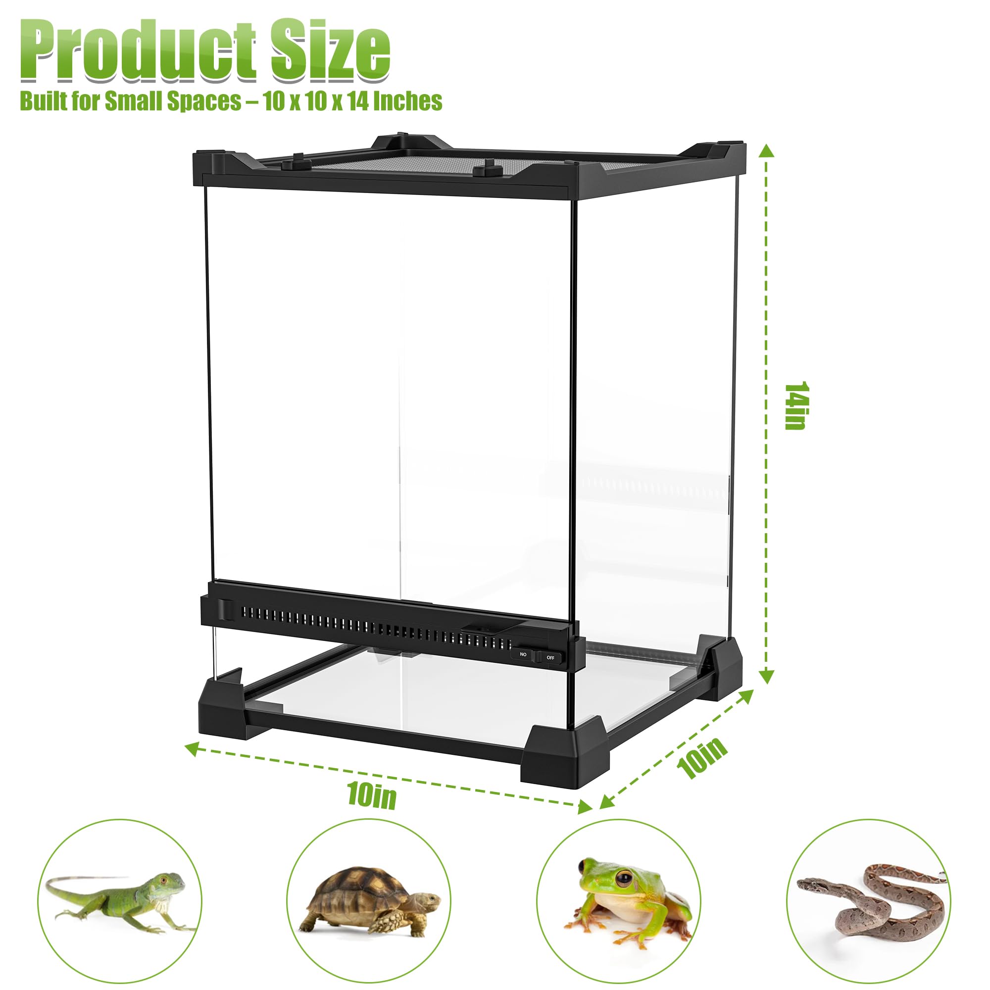 Reptilien-Terrarium, 25,4 x 25,4 x 35,6 cm, Vollglas-Tankgehege für kleine Reptilien, Geckos, Frösche, Eidechsen, Schlangen, Spinnen, Schildkröten, vertikaler Regenwald-Lebensraum