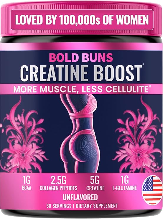 Bold Buns Creatine for Women Supplement with Collagen & BCAA Supports Muscle Development, Post-Workout Recovery, Skin Elasticity, Healthy Hair & Nail (30 Servings, Unflavored)