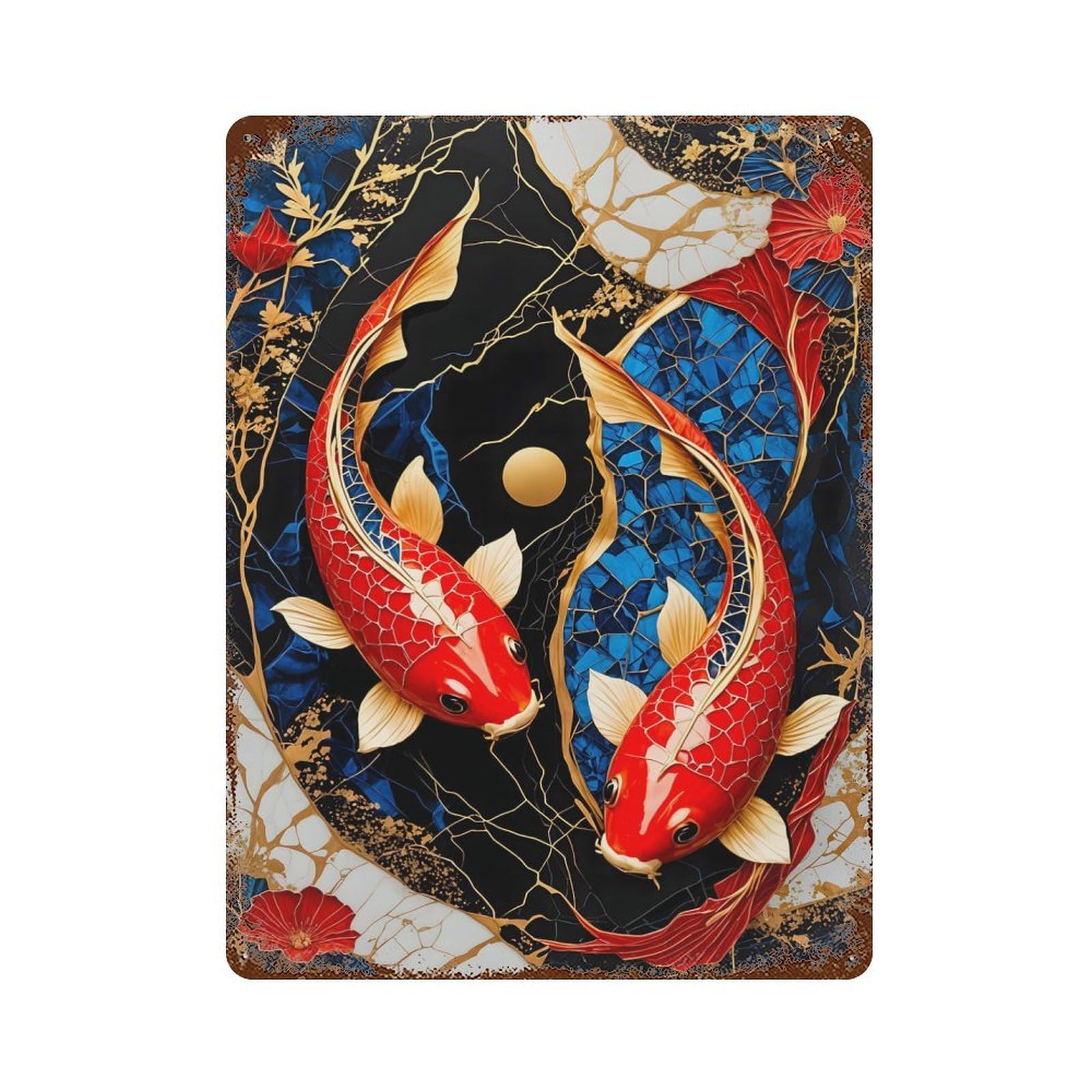 Rust Effect Koi Fish Kintsugi Art Rustic Tin Plaque 15.7"x11.8", Decorative Metal Wall Art for Farmhouse, Kitchen And Entryway Decor