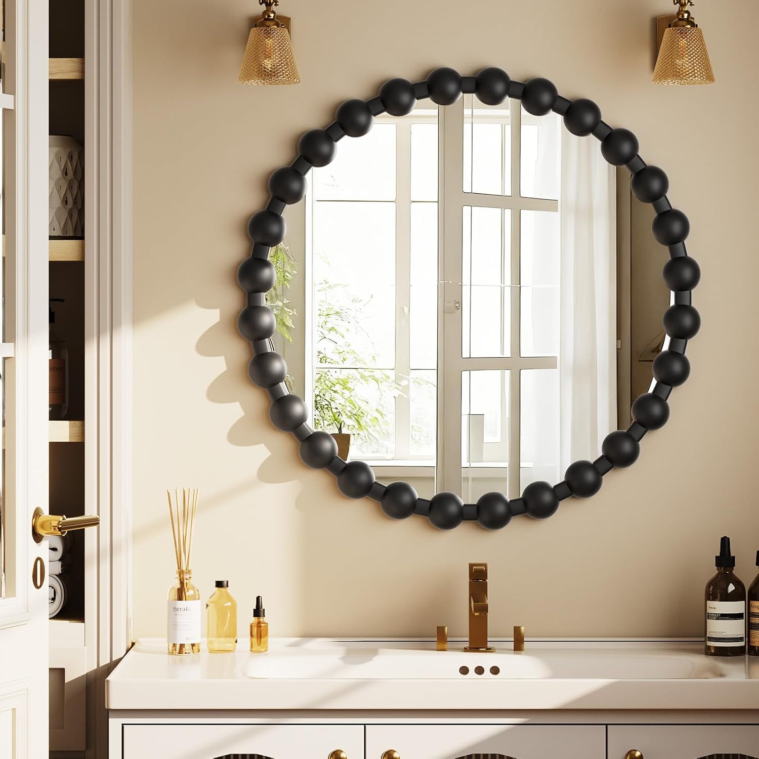 Round Mirror for Wall, 24 Inch Black Beaded Frame Decorative Vanity Mirror, Circle Bathroom Mirror with High-Definition Lense, Modern Wall Decor for Bathroom, Living Room, Bedroom, Entryway