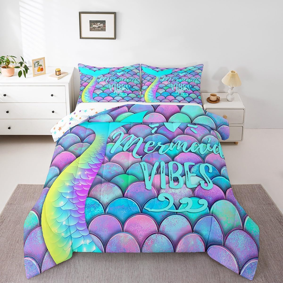 Erosebridal Mermaid Comforter Set King Size, Kids Fish Scales Duvet Sets, Girly Rainbow Bedding Set for Boys Teens Women Bedroom, Ocean Life Sea Animal Bedding Comforters Bedroom Decor