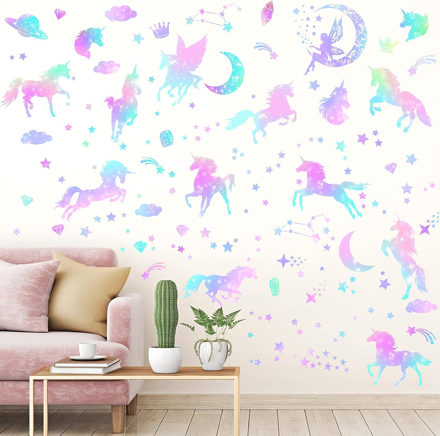 4 Sheets of Unicorn Peel and Stick Wall Decal Glitter Unicorn and Fairy Wall Stickers Cartoon Wall Decals Removable DIY for Bedroom Playroom Living Room Decor - Image 6