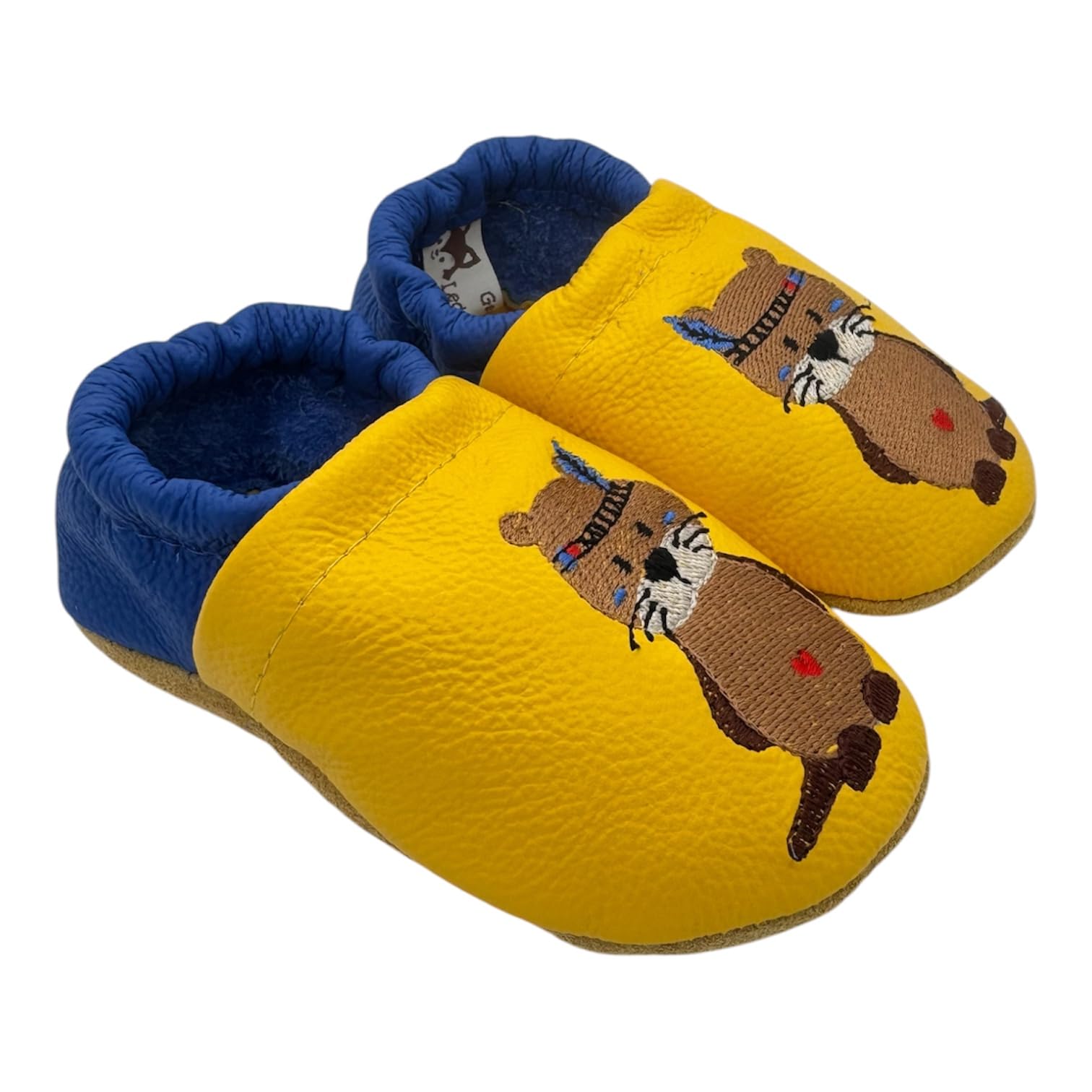 Generisch Personalisierte Krabbelschuhe | Lederpuschen mit Otter | gelb/blau | Lauflernschuhe Baby | Handgemacht in Paderborn | Geschenk