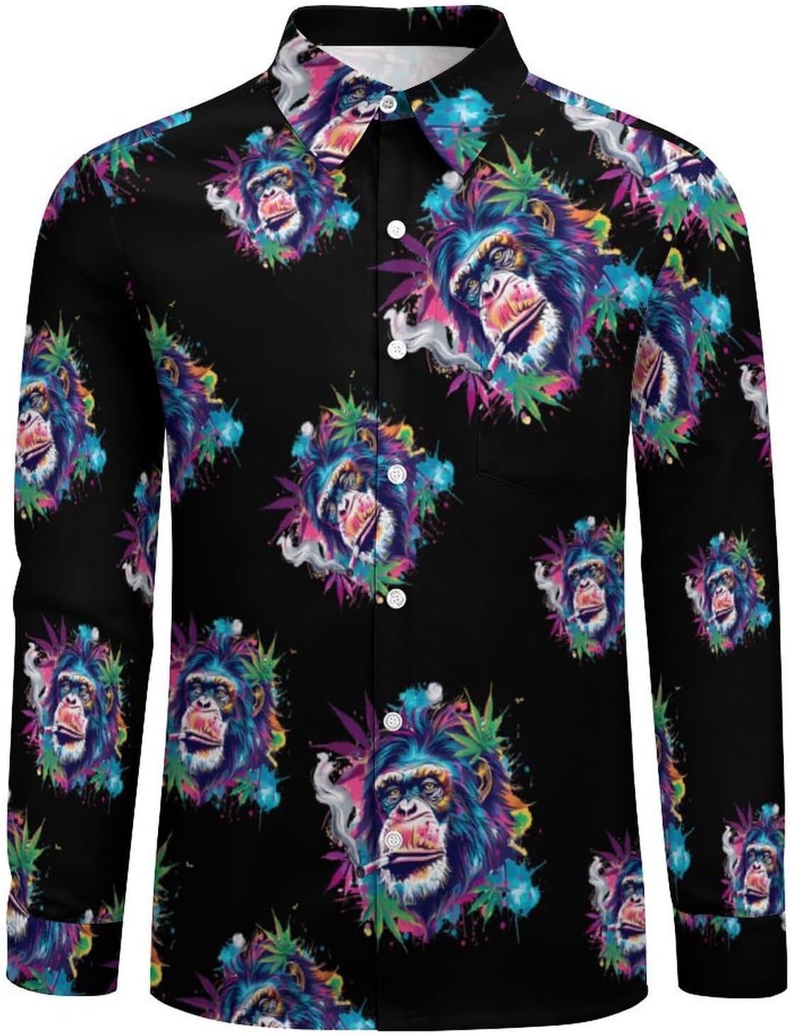 Chimpanzee Monkey Weed Novelty Men's Long Sleeve Shirts Casual Button Down Shirt Pullover Tops