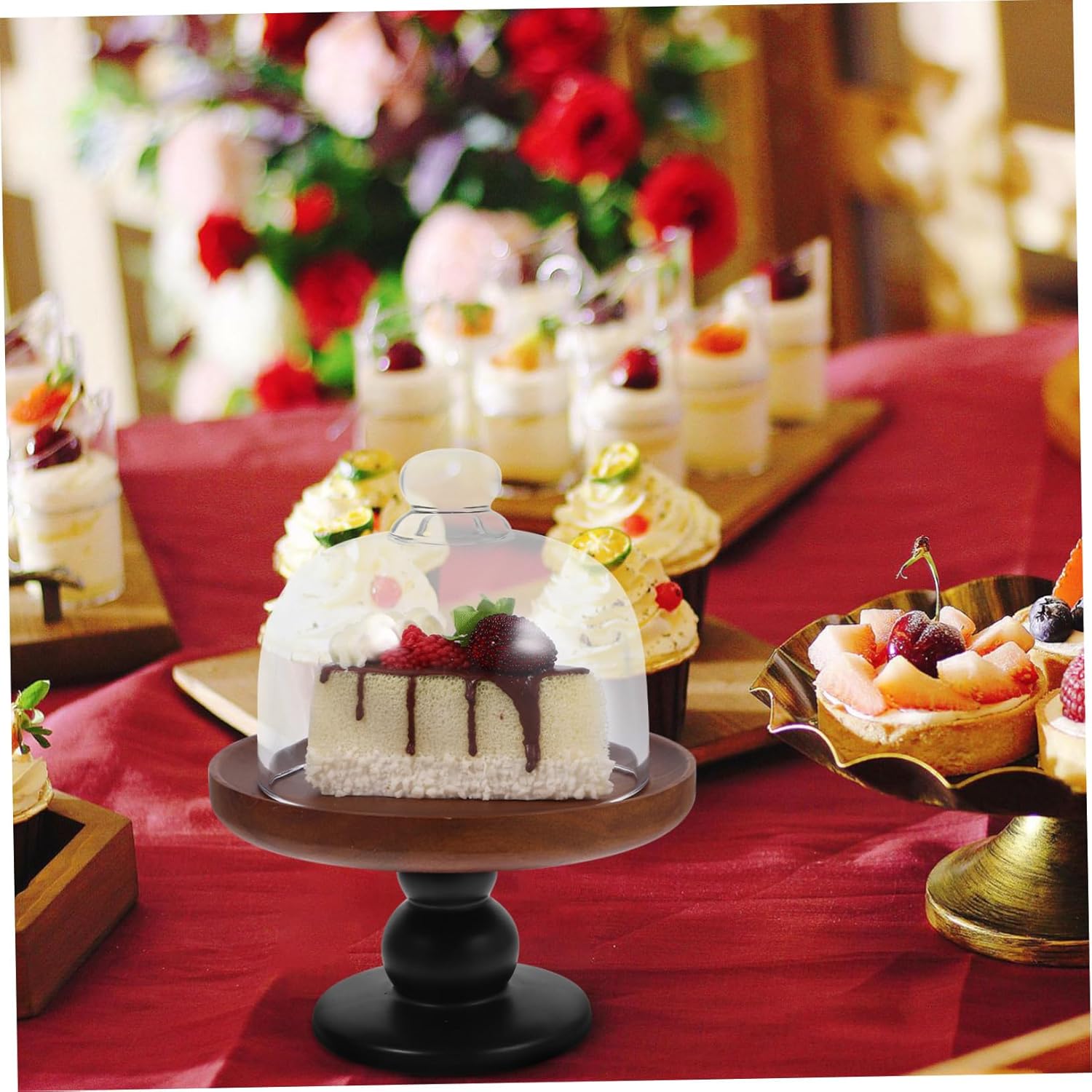 Alipis Acacia Wood Cake Stand with Dome Vintage Dessert Display for Cakes Pastries and Appetizers Small Footed Tray for Events and Gatherings