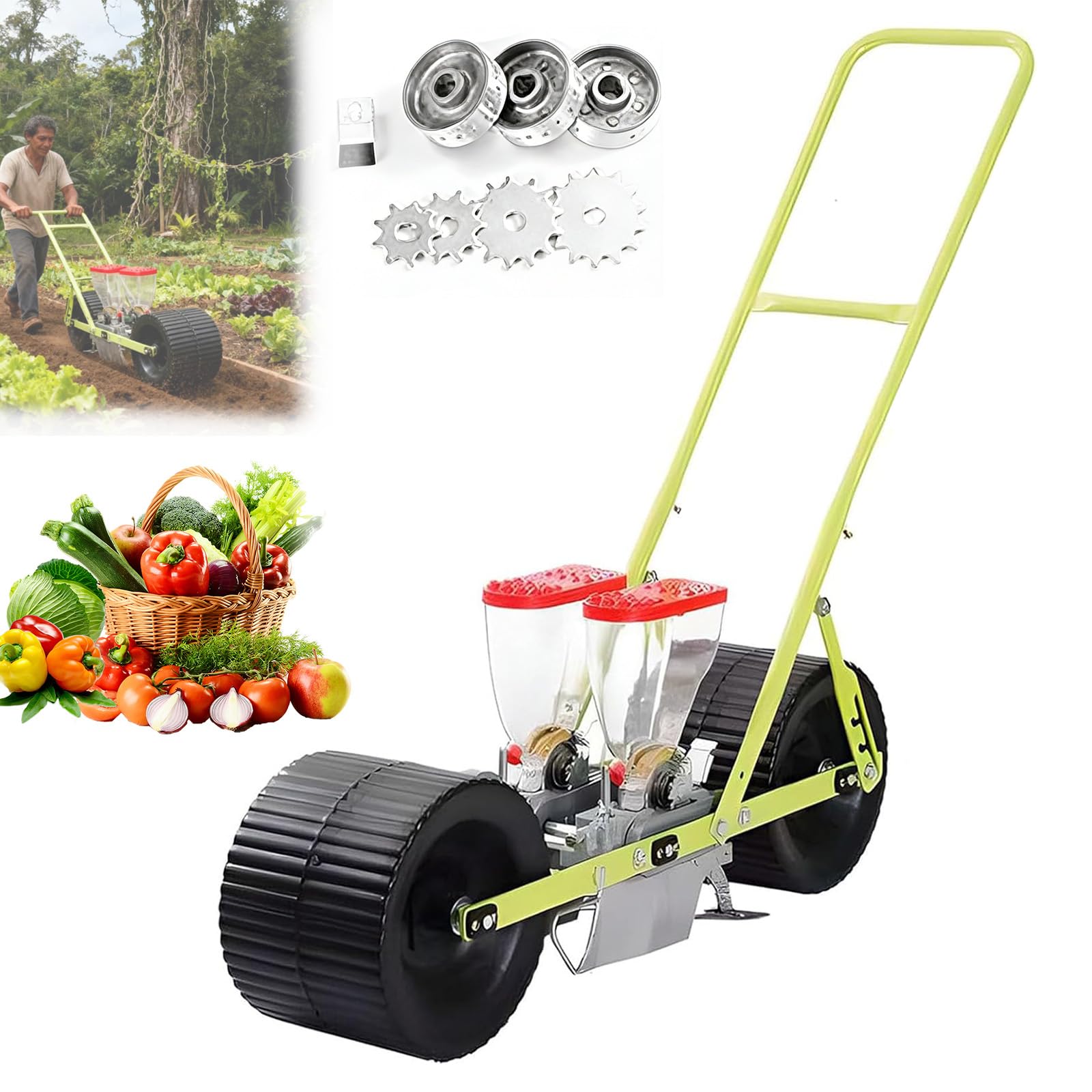 Sembradora manual de hortalizas, sembradora de precisión para jardines pequeños, distancia entre filas ajustable y profundidad para una siembra óptima de perejil, col, maní, maíz, puerro, 2 filas
