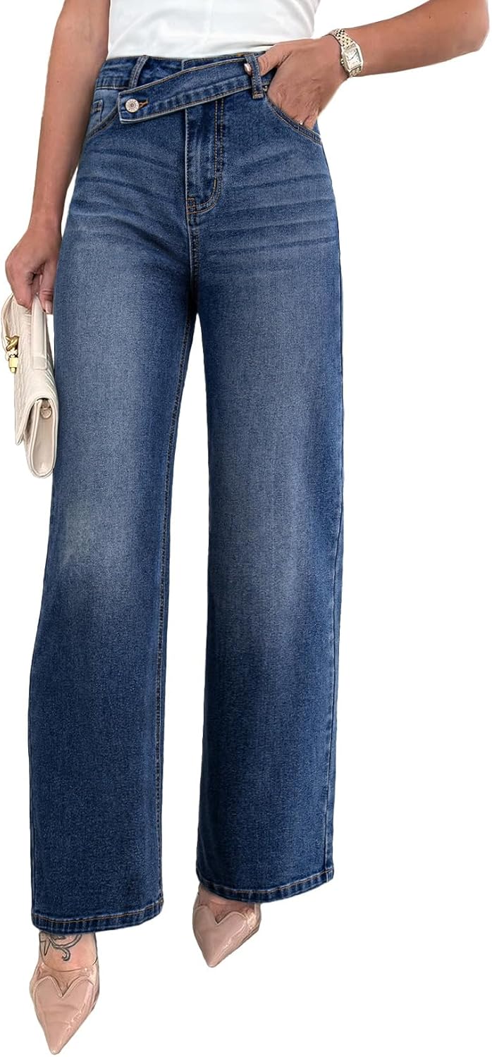 EVALESS Jeans for Women Trendy 2025 Overlap Waist Straight Wide Leg Stretchy Denim Pants