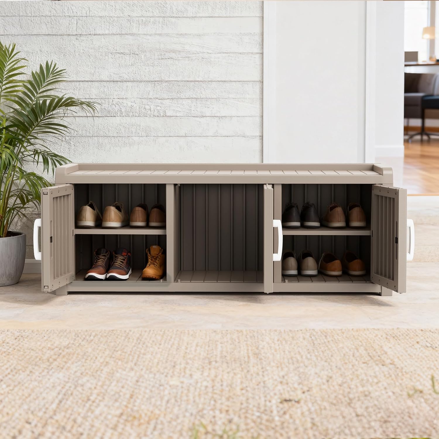 Pepe Tee 47" Resin Shoe Cabinet Bench, 3-Door Entryway Storage Organizer with Shelves, Sturdy Seating Shoe Rack for Home