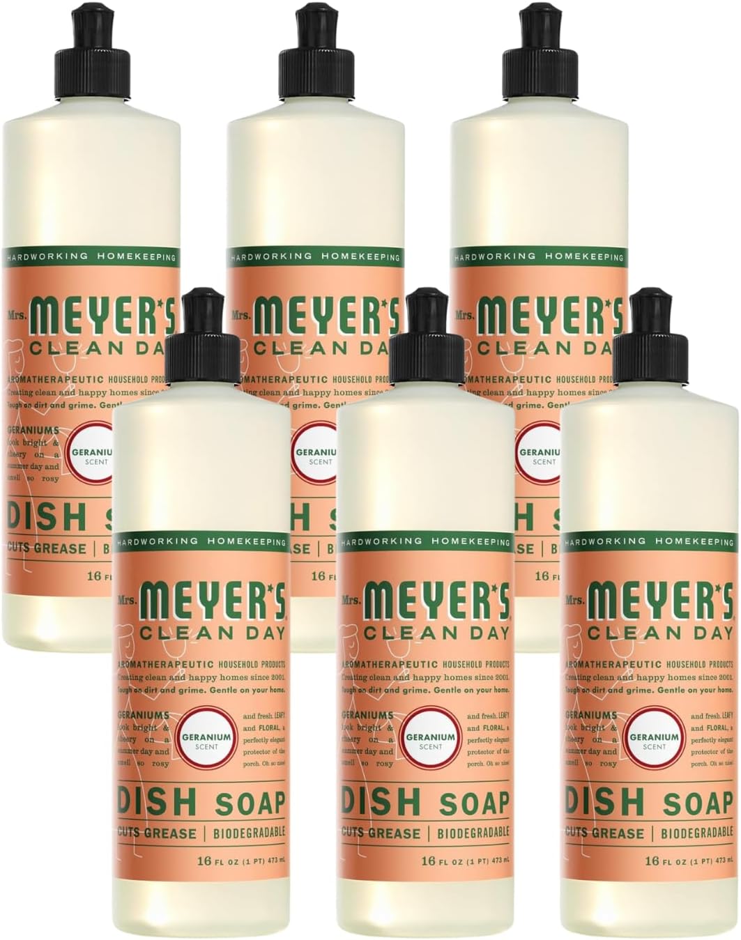 Mrs. MEYER'S Liquid Dish Soap Geranium, 16 OZ (Pack of 6)