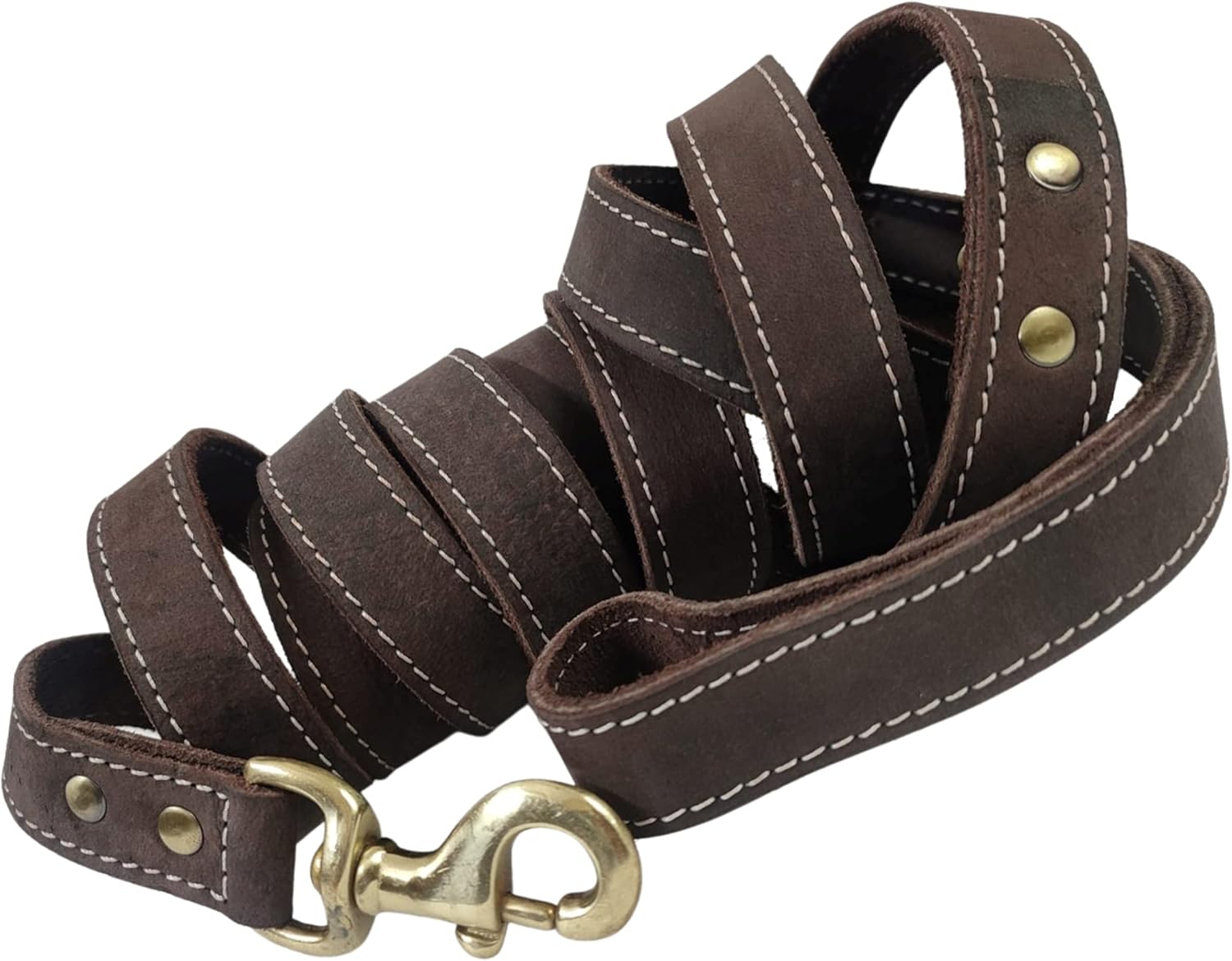 Blazing Paws Vibrania 10 Ft Heavy Duty 1 inch Wide Super Soft Thick Distressed Leather Dog Leash with Side Ring (10 Ft L x 1" W, Coffee Brown: Stitched)