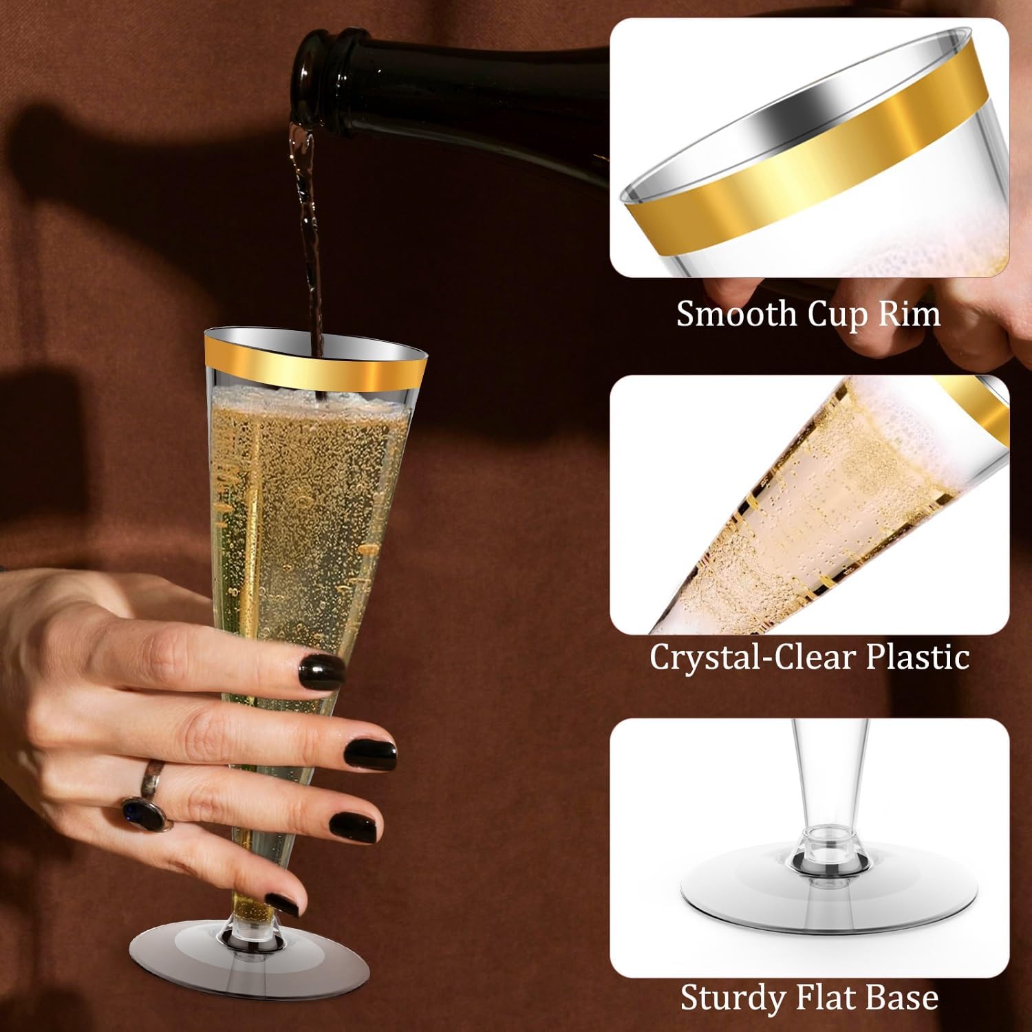 100 Pack Plastic Champagne Flutes Gold Rim Disposable Wine Glasses, 4.5 Oz Mimosa Cocktail Toasting Cups Bulk for 2026 Back to School Party Supplies Wedding Bar, Copas De Plastico Para Brindis