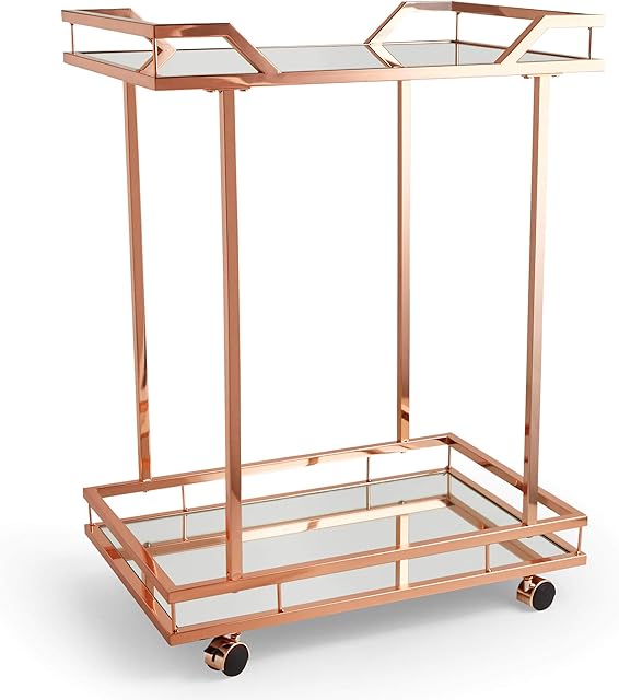 Beautify Copper Drinks Trolley - 2-Tiered Rose Gold Bar Cart with Mirrored Glass Shelves - Mirrored Serving Trolley with 2 Tiers & Castor Wheels