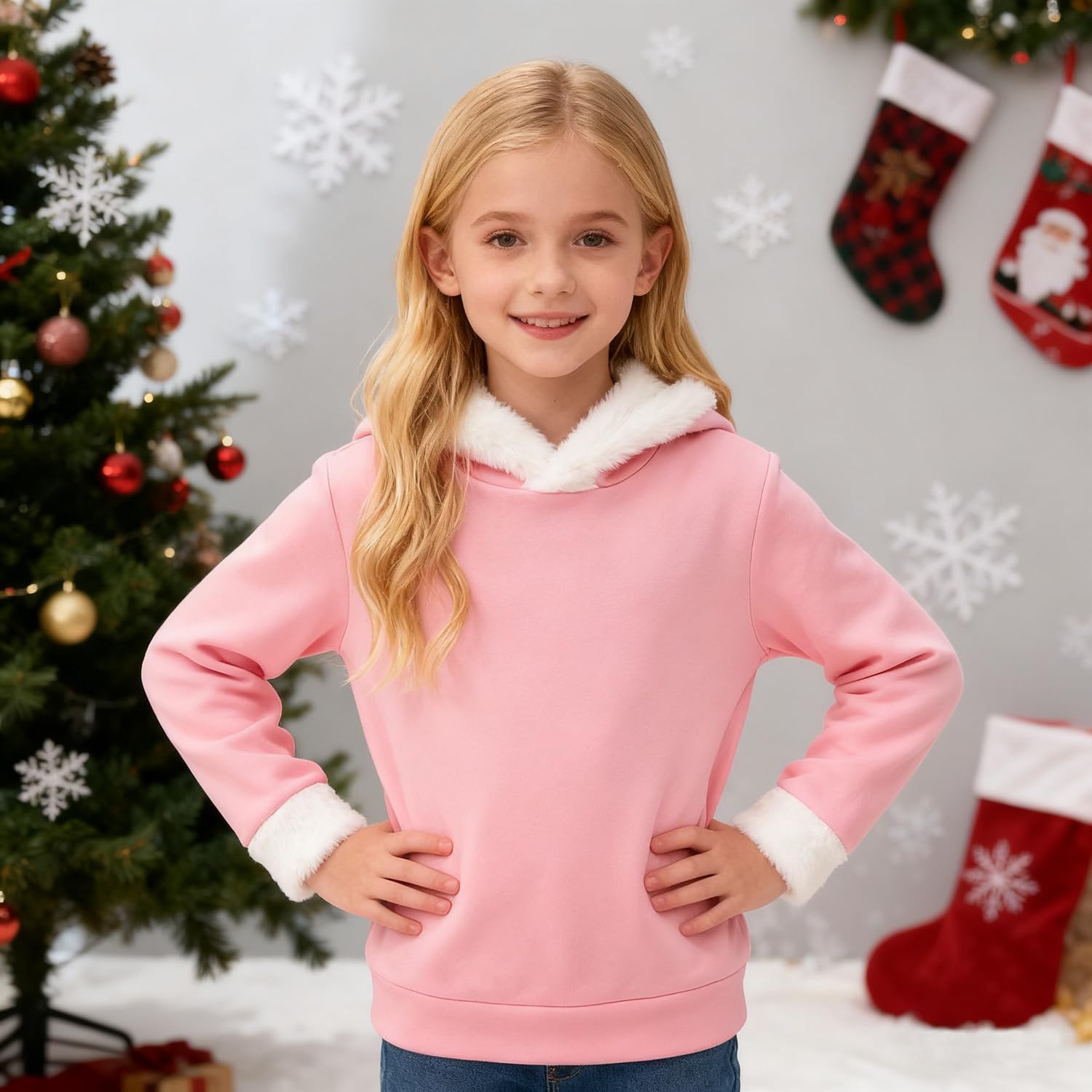 Ritatte Kids Girls Christmas Hoodies Fuzzy Fleece Sleeve Hooded Sweatshirt Solid Xmas Holiday Hoodie Pullover Fall Winter Top
