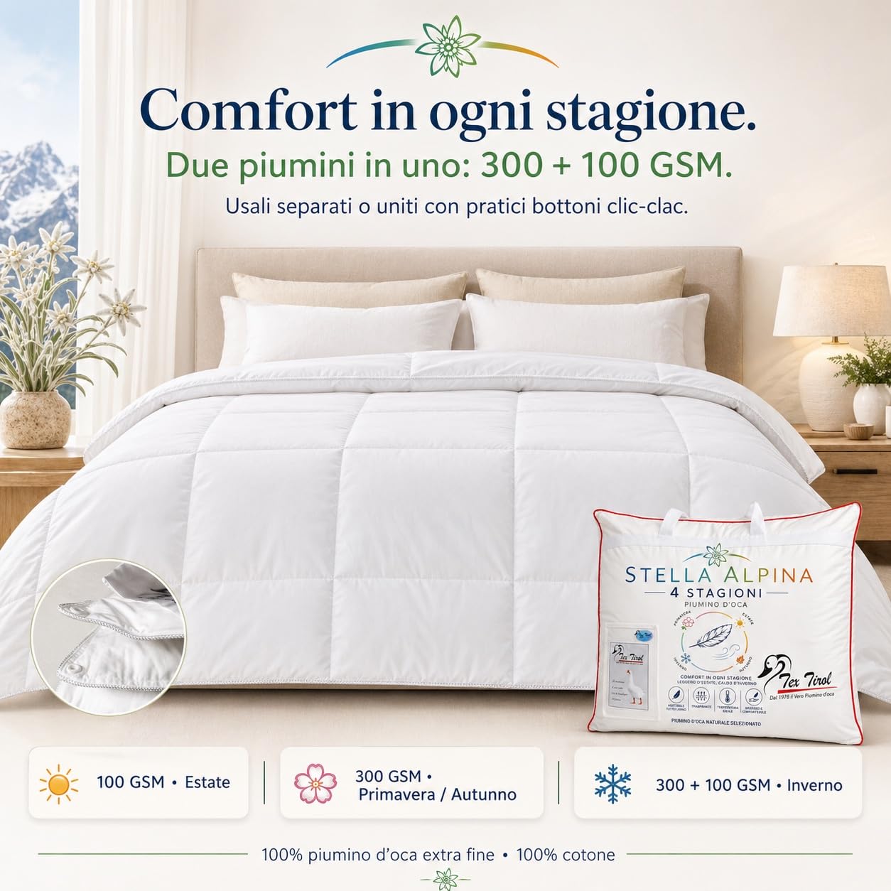 PIUMINO Oca TEX TIROL © STELLA ALPINA 4 STAGIONI 100% Piumino OCA tutte le misure - MATRIMONIALE 2 PIAZZE CM. 250X200