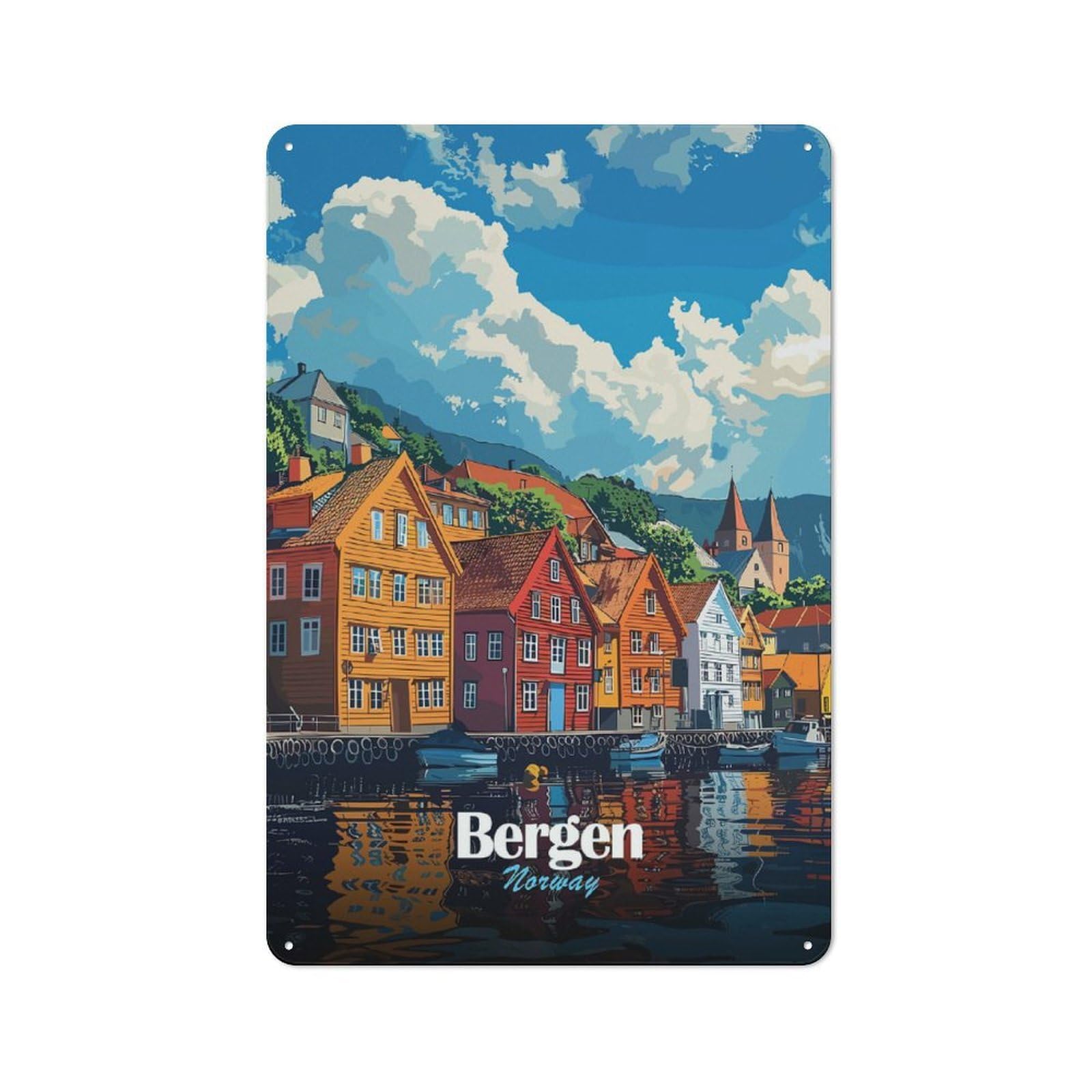 Junmoney Bergen, Norway Cityscape Retro-Style Metal Wall Sign 30X20cm For Pub Or Café, A New Home Present For Hospitality Wall Decor Collectors