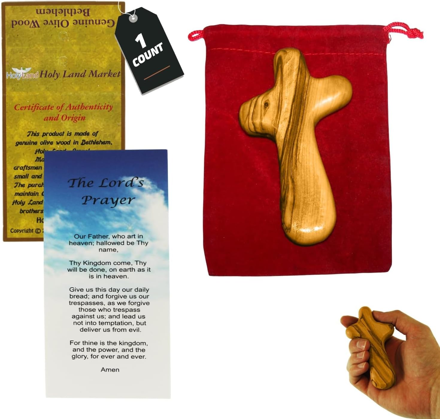Holy Land Market Olive Wood Comfort Cross 4 Inch x 1 | Handmade Holding Cross from Bethlehem Palm Cross, Clinging Cross with Velvet Bag & 2 Certificates