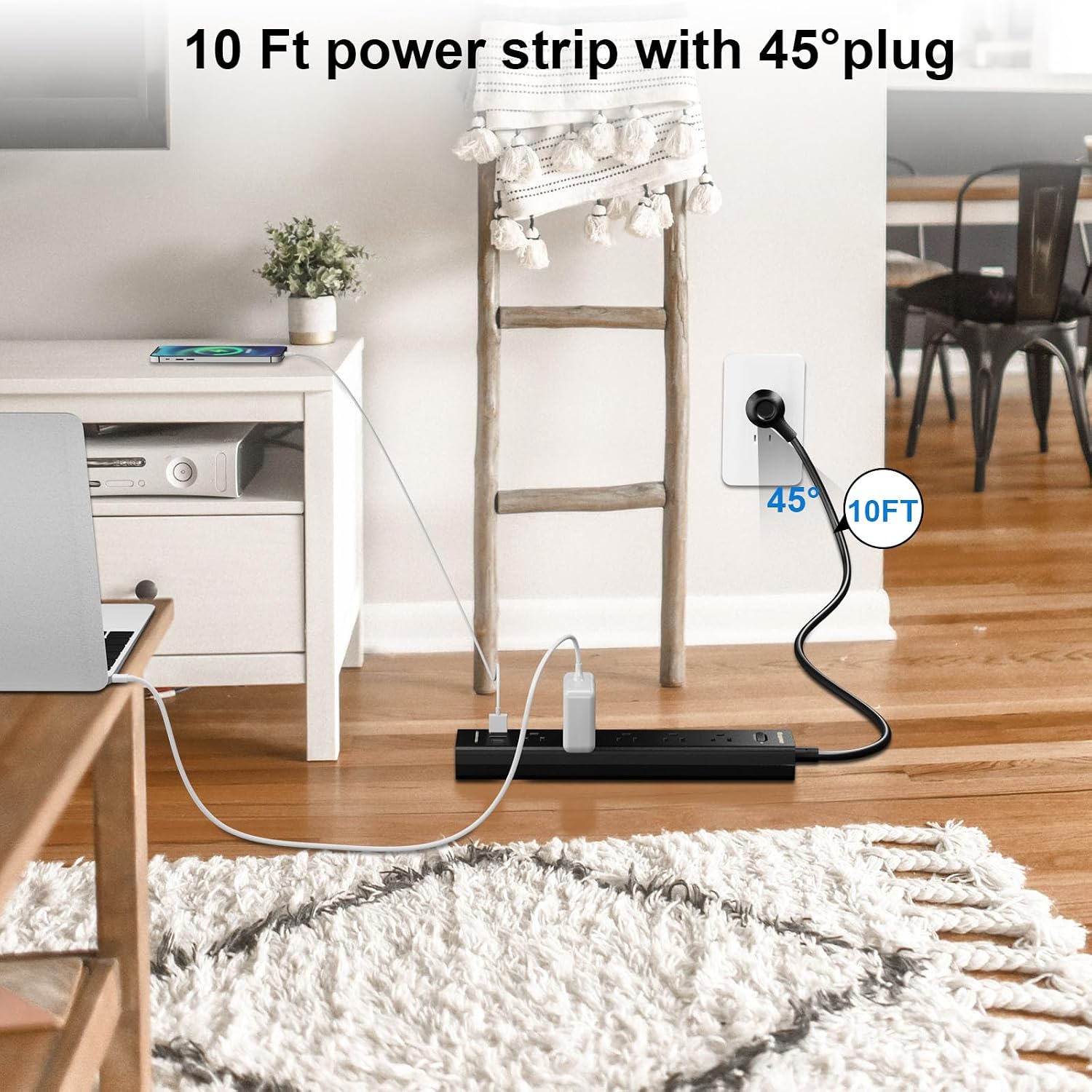2 Pack 10ft Power Strip, Surge Protector with 5 Widely Outlets and 3 USB Ports（1 USB C Port）, 10ft Extension Cord(1250W/10A), Wall Mount, 700 J, ETL,Black