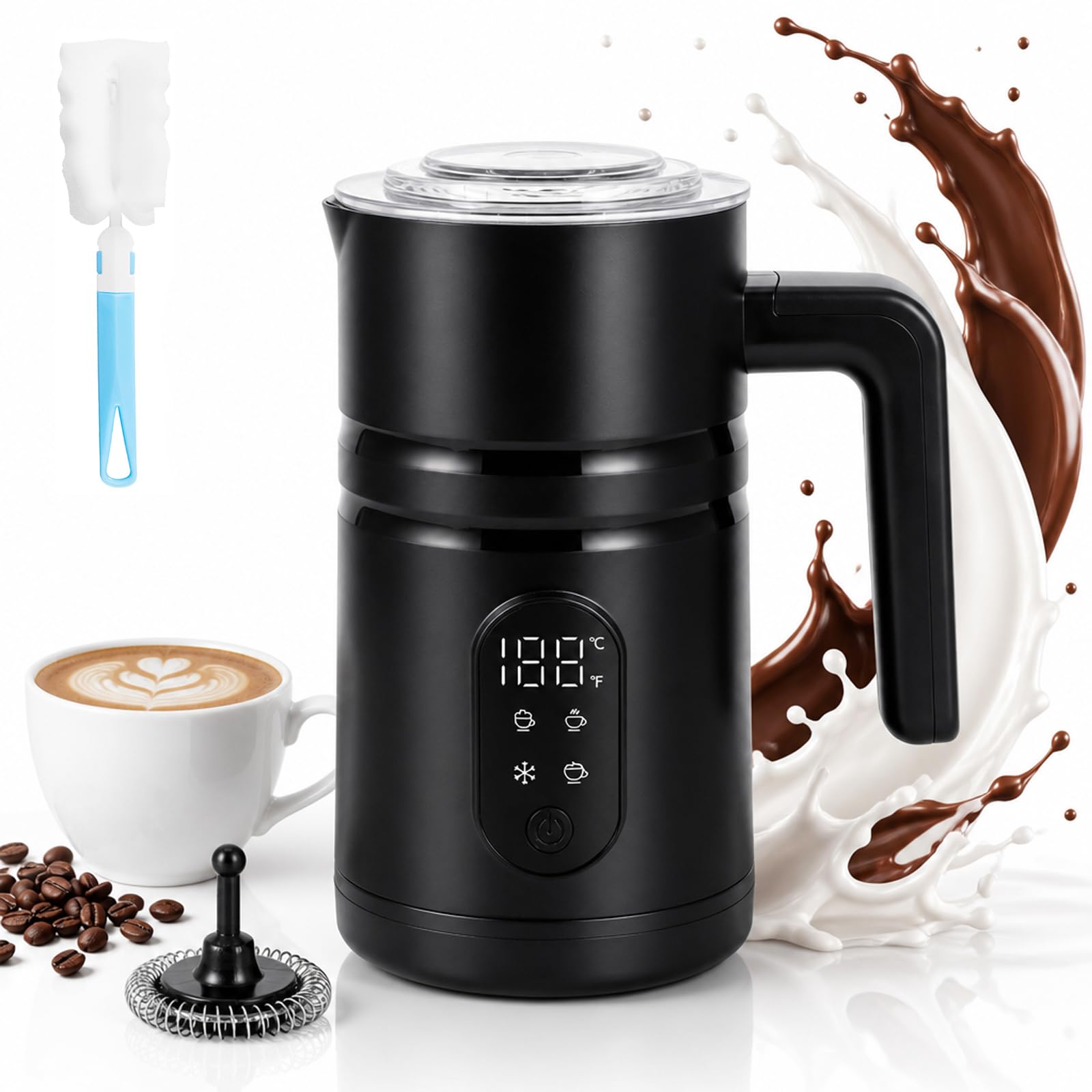 Milk Frother Electric, 350ml Automatic Milk Steamer 4-Function Hot & Cold Foam Maker, Automatic Milk Frothers for Coffee, Latte, Cappuccino, Macchiato, Hot Chocolate(Black)