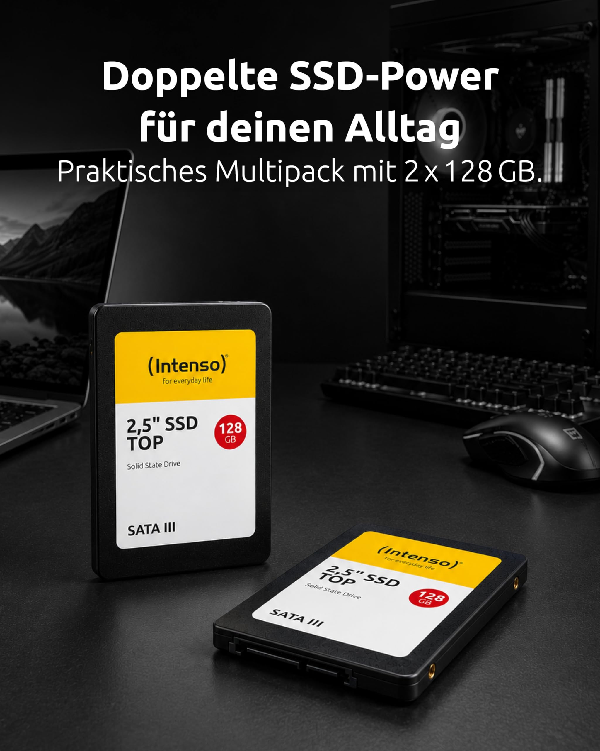 Intenso 2,5" SSD SATA III Top Pack (2 × 128 GB) - SSD veloce e antiurto per PC e notebook, fino a 550 MB/s in lettura, 500 MB/s in scrittura, confezione da 2, nero