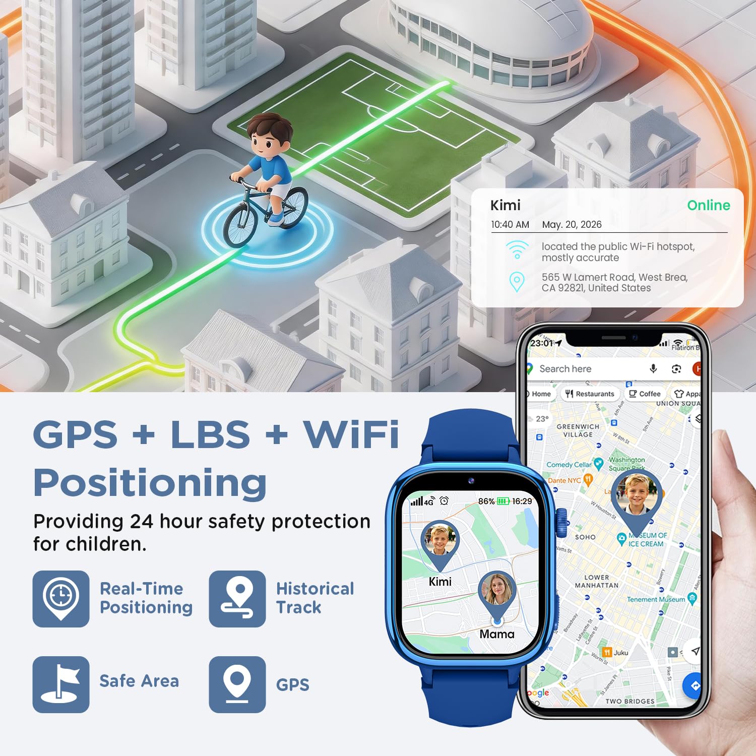 Nuevo 4G Reloj Inteligente Niño con Videollamada & GPS, Smartwatch Niños con SOS, Chat de Voz, Modo Escuela, Podómetro, Despertador, Monitor de Sueño IP68 Impermeable Regalo para Niños Niñas, Azul