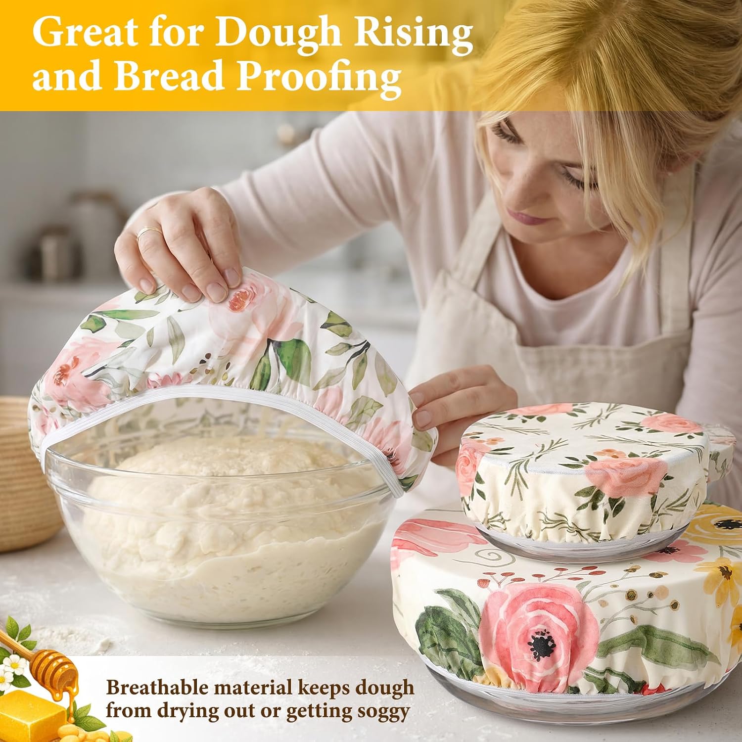 6 Pack Reusable Bowl Covers for Bread Proofing, 4"-12" Cotton Flower Beeswax Bowls Cover Elastic Bowl Wrap Caps for Bread Proofing, Dough Raising & Food Storage(Pink)