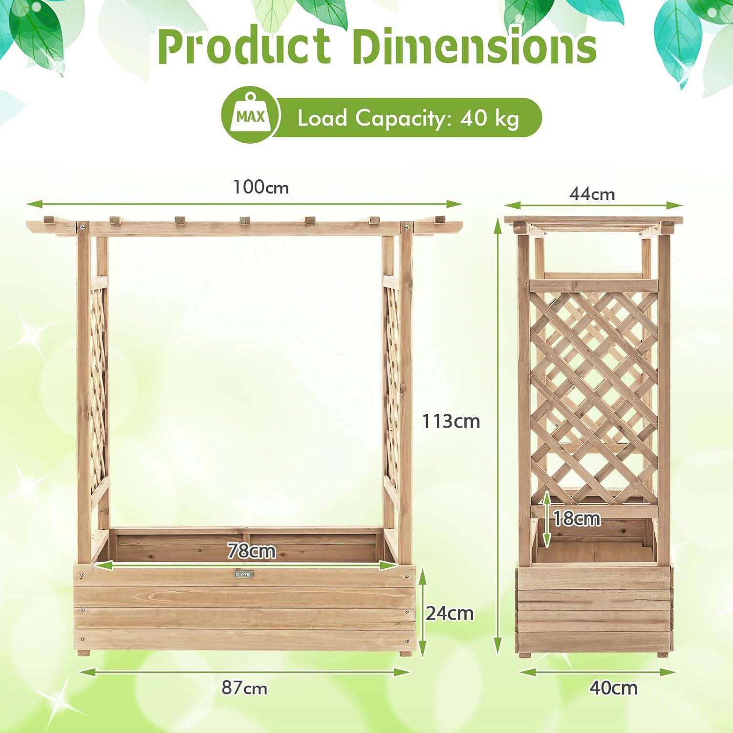 Raised Garden Bed with Arch Trellis, Wooden Garden Planter Box with Drainage Holes, Climbing Plants Vines Vegetables Herbs Flower Pots Grow Box for Patio Backyard (Natural, 110x44x113cm)