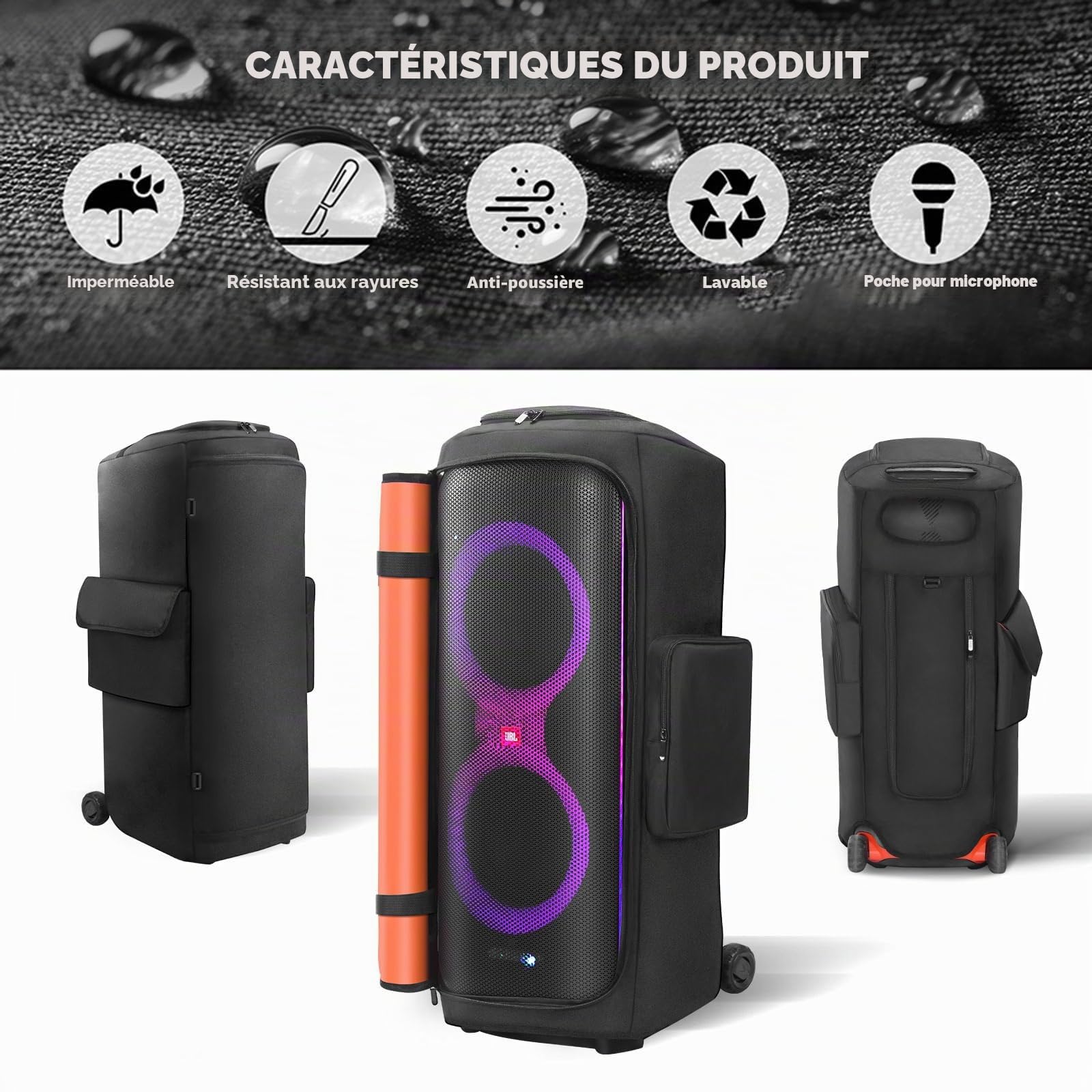 Housse anti-poussière pour haut-parleur de voyage compatible avec JBL PartyBox 710, housse de protection anti-poussière avec plusieurs ports pour ranger microphones et accessoires