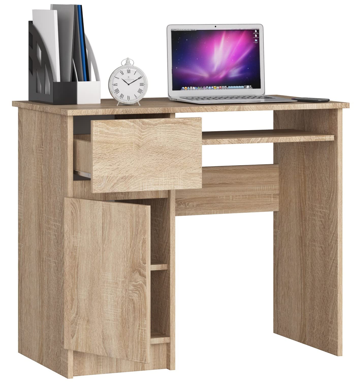 AKORD Piksel Schreibtisch Klein mit Schubladen | Computertisch | Bürotisch mit Tastaturablage | Schublade und Fach mit Tür | Holz Deko | B90 x H77 x T50 cm 30 kg | Schrank Links | Sonoma-Eiche