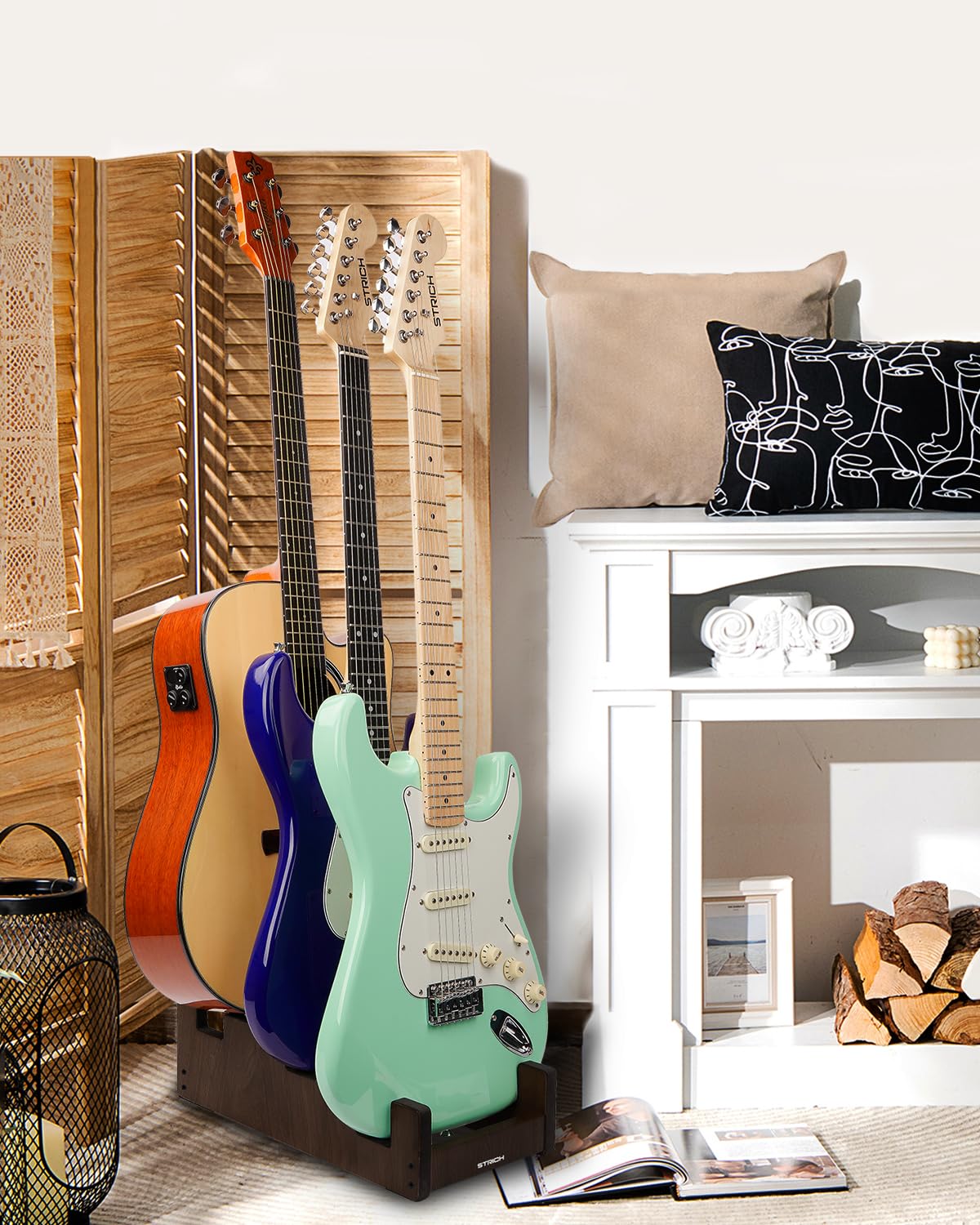 STRICH L-2E1AW Support de guitare en bois pour plusieurs guitares, 3 supports, affichage frontal, gain de place, pour la maison, le studio, la scène, couleur noyer, L-2E1AW (pour 2 guitares