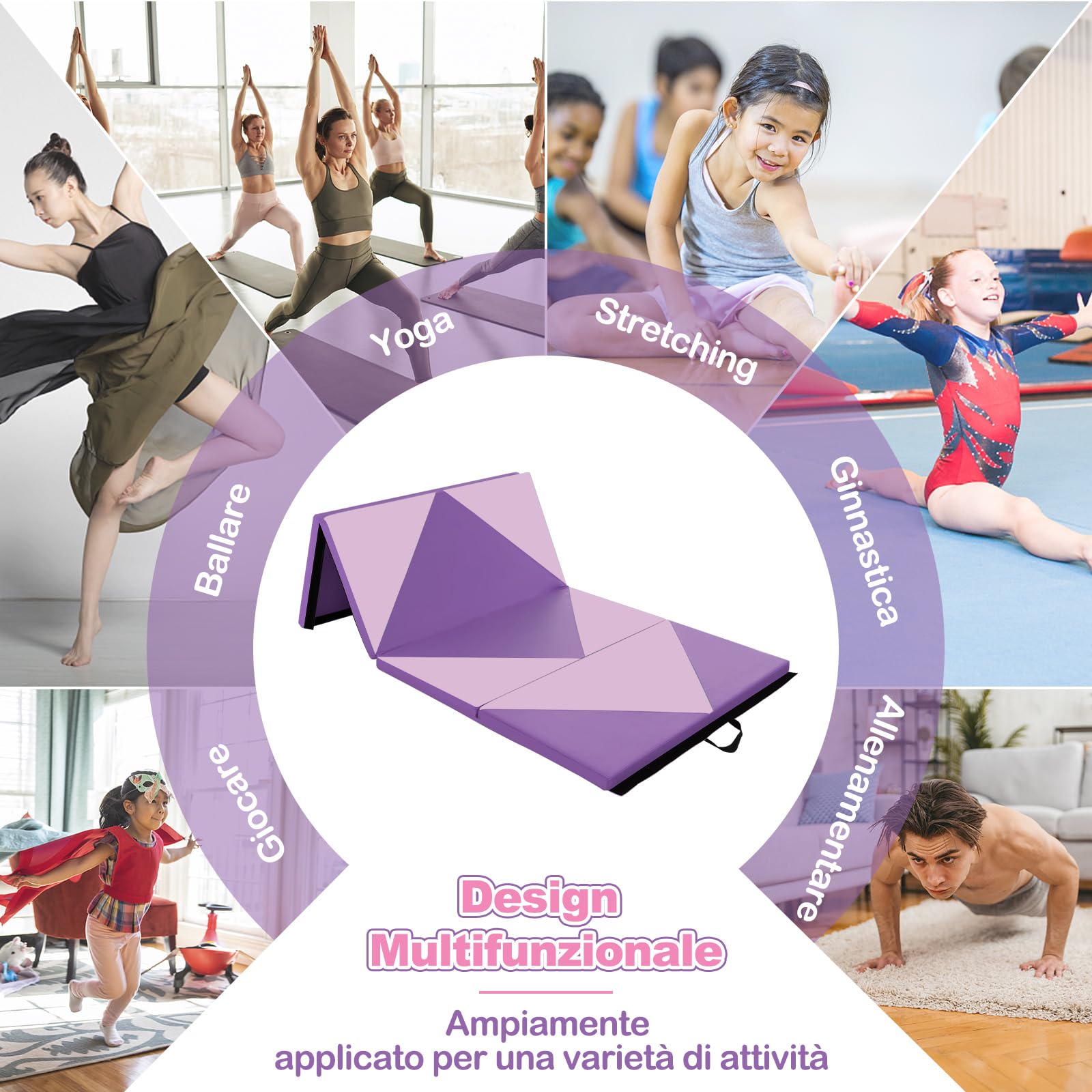 GYMAX Tappetino da Ginnastica Pieghevole, 240 x 117 x 5 cm Materassino da Allenamento Portatile Spesso 5 cm, con Imbottitura Impermeabile e Manici, per Indoor Outdoor Palestre Casa