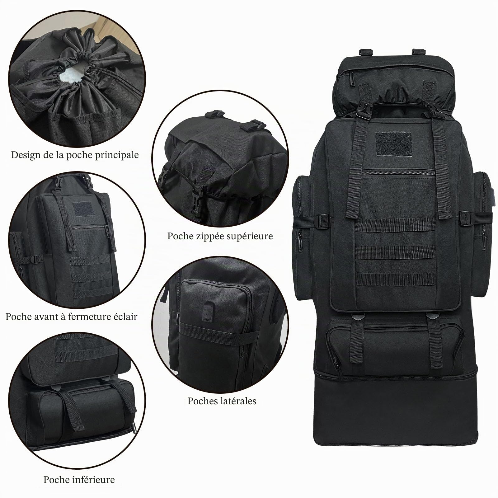 Sac à dos de randonnée tactique militaire de 100 L pour homme avec port de charge USB, sac à dos de voyage léger résistant à l'eau, sac à dos de camping, sac de survie sac à dos de randonnée