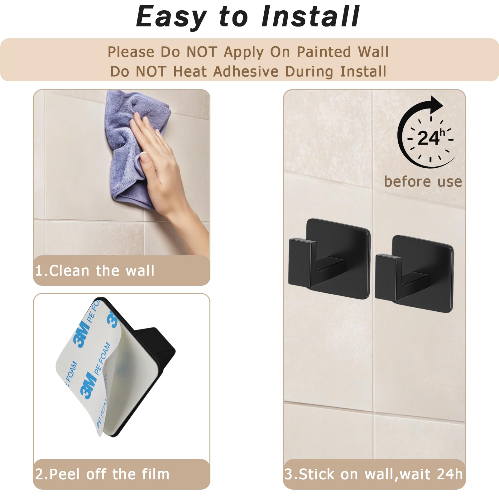 Paquete de 4 ganchos cuadrados autoadhesivos para toallas, gancho negro mate para toallas de baño, sin taladrar, gancho de pared de aluminio resistente para baño, dormitorio, cocina (2