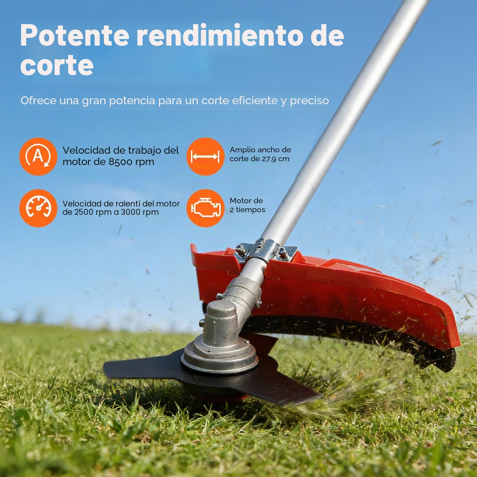 Desbrozadora de gasolina de 52cc, Desbrozadora de césped de gasolina 2 en 1, Cortacésped de línea Cortacésped con 3 cuchillas en T, 8500rpm Alta potencia Desbrozadora de jardín inalámbrica