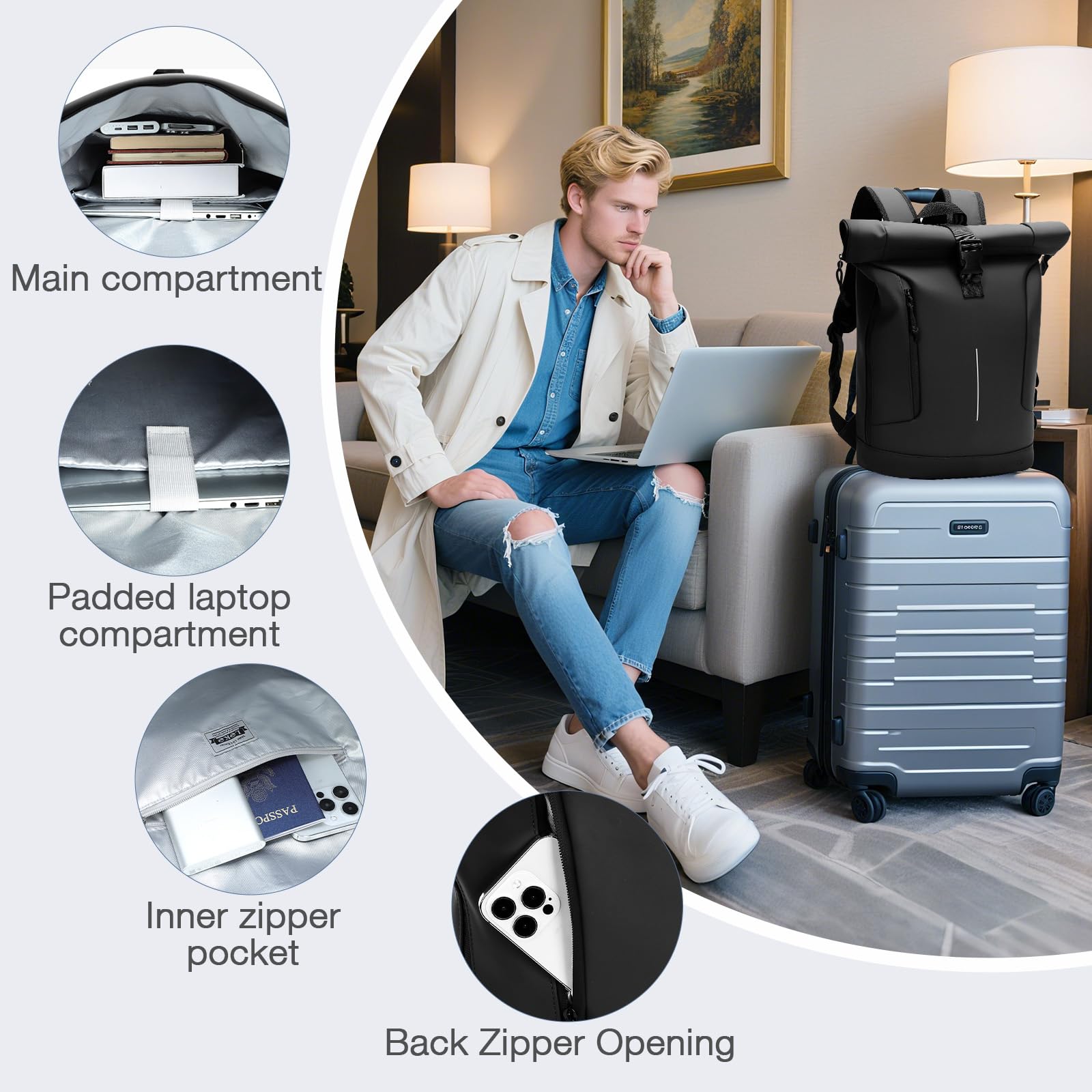 Zaino Rolltop Uomo Donna, Zaino Porta PC 17 Pollici Impermeabile, Grande zainetto da Viaggio Uomo Rains Zaini, Zaini Lavoro Uomo Elegante per Viaggi Lavoro Università Scuola Casual